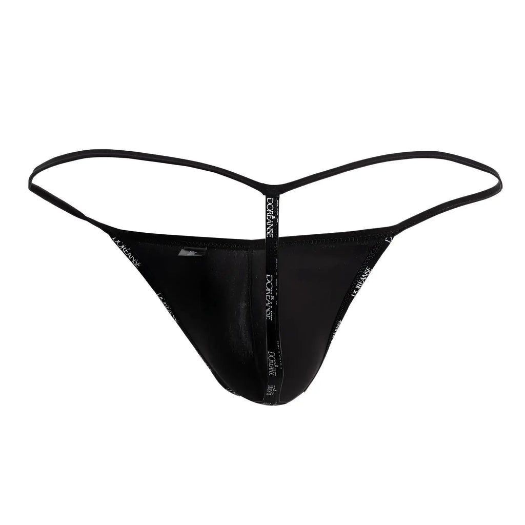 Black thong g-string with sheer mesh front and doriane logo on center seam in space black by Doreanse 1326-SBK