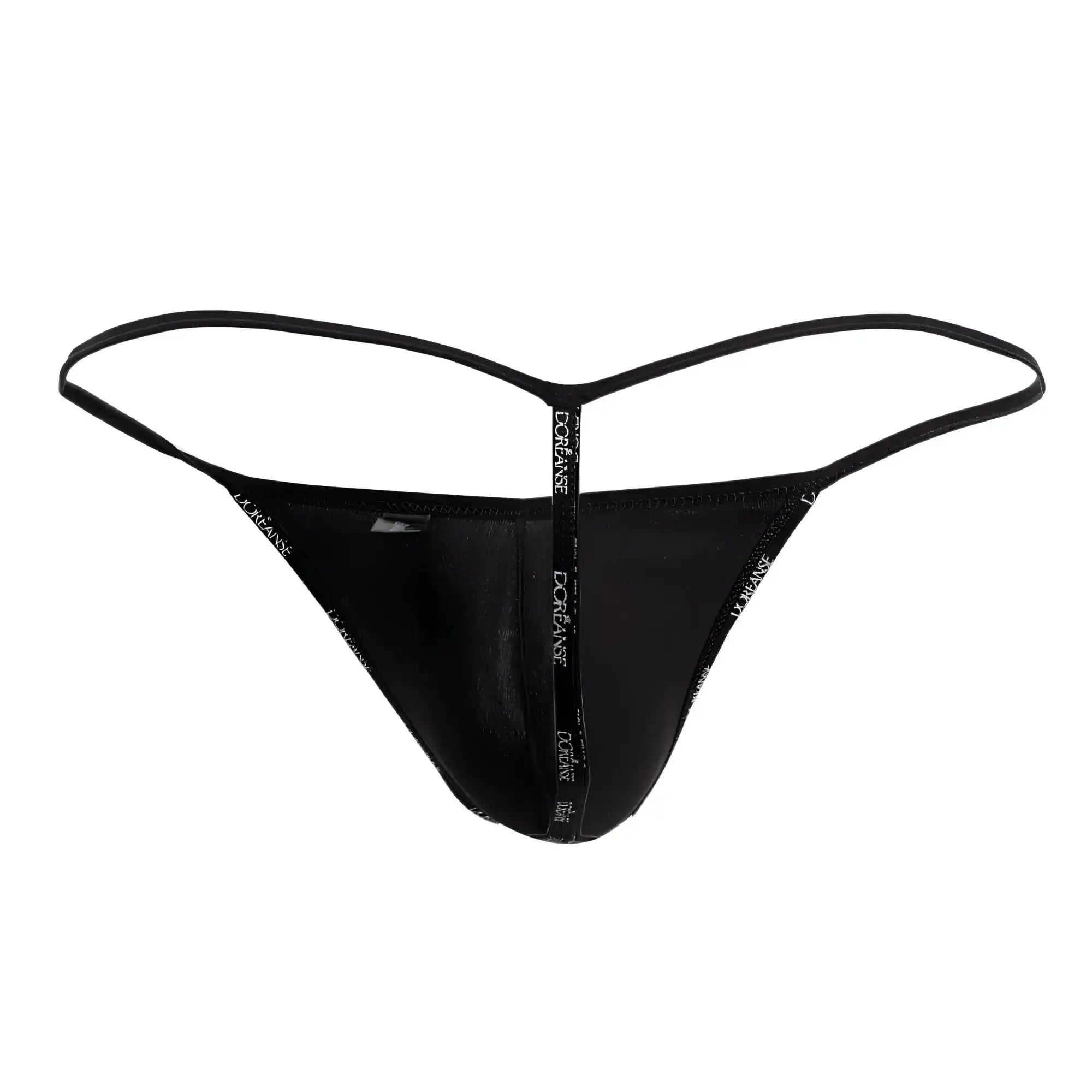 Black thong g-string with sheer mesh front and doriane logo on center seam in space black by Doreanse 1326-SBK