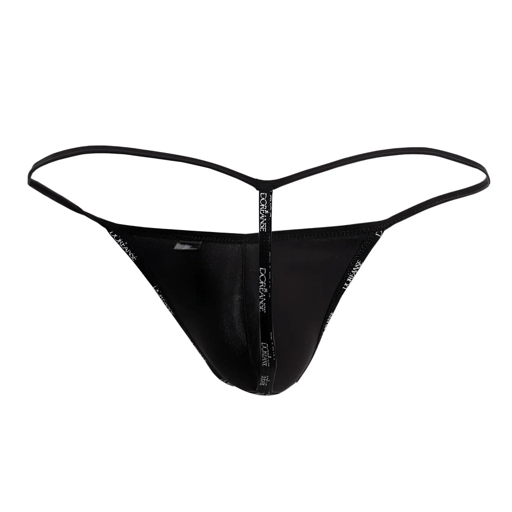 Black thong g-string with sheer mesh front and doriane logo on center seam in space black by Doreanse 1326-SBK