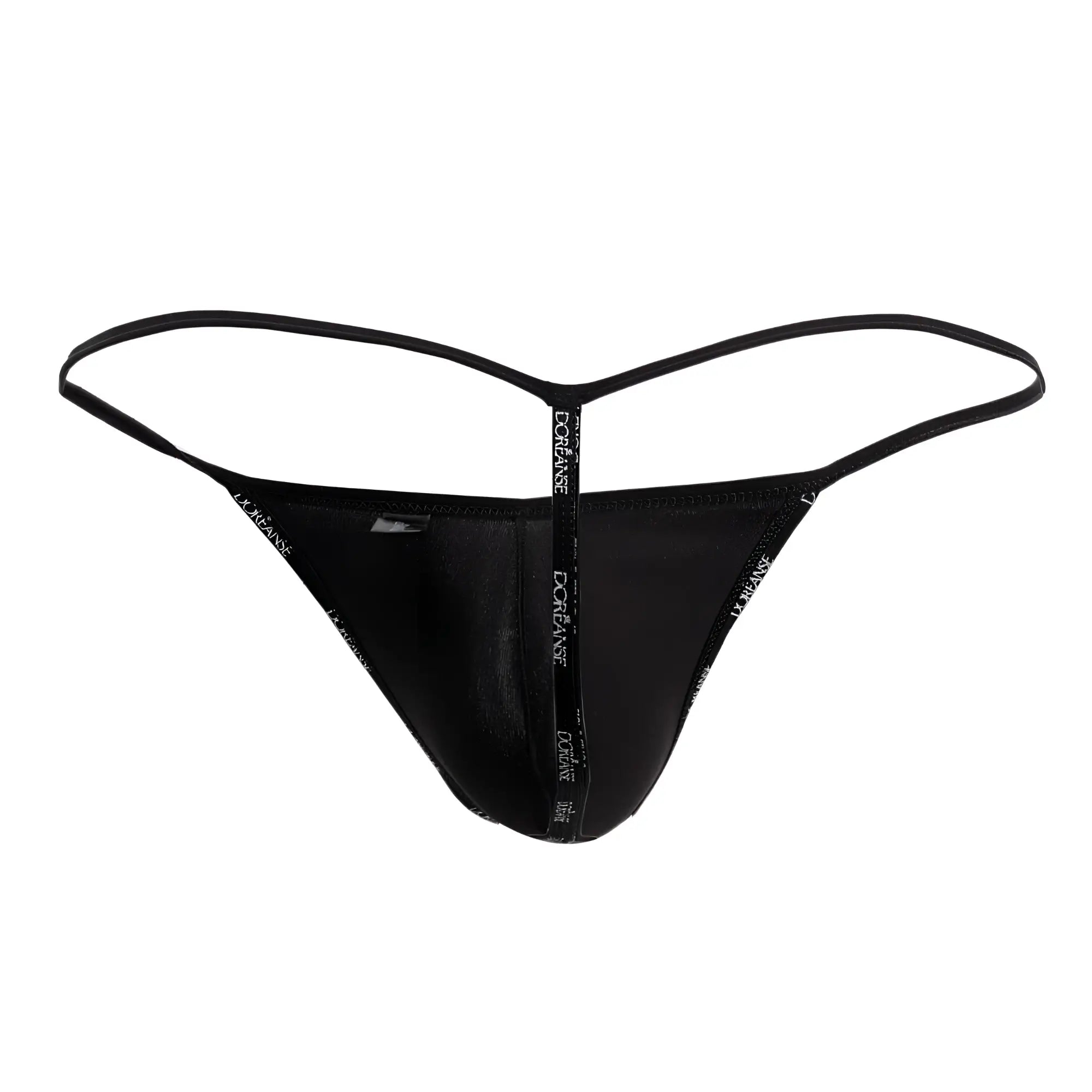 Black thong g-string with sheer mesh front and doriane logo on center seam in space black by Doreanse 1326-SBK
