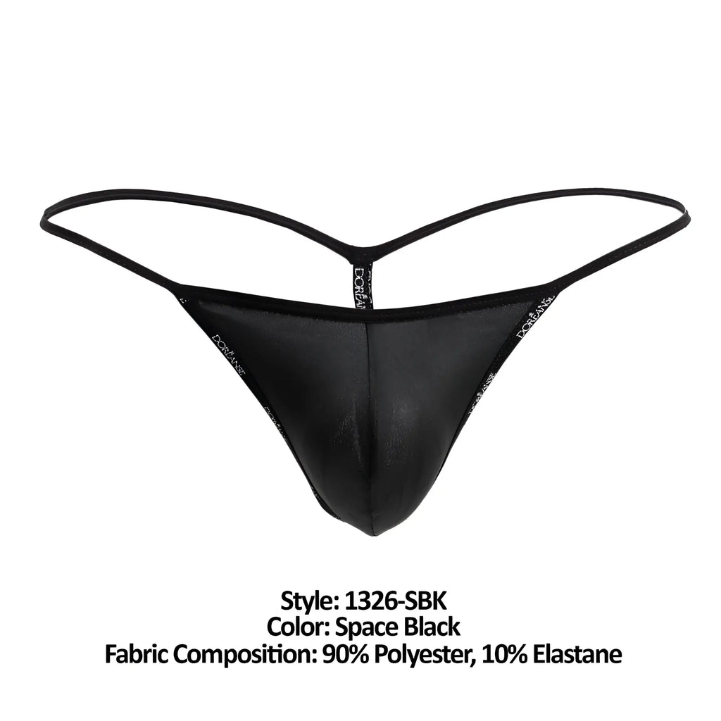 Black space black thong g-string with sleek glossy finish and thin elastic straps by doreanse 1326-sbk flashy