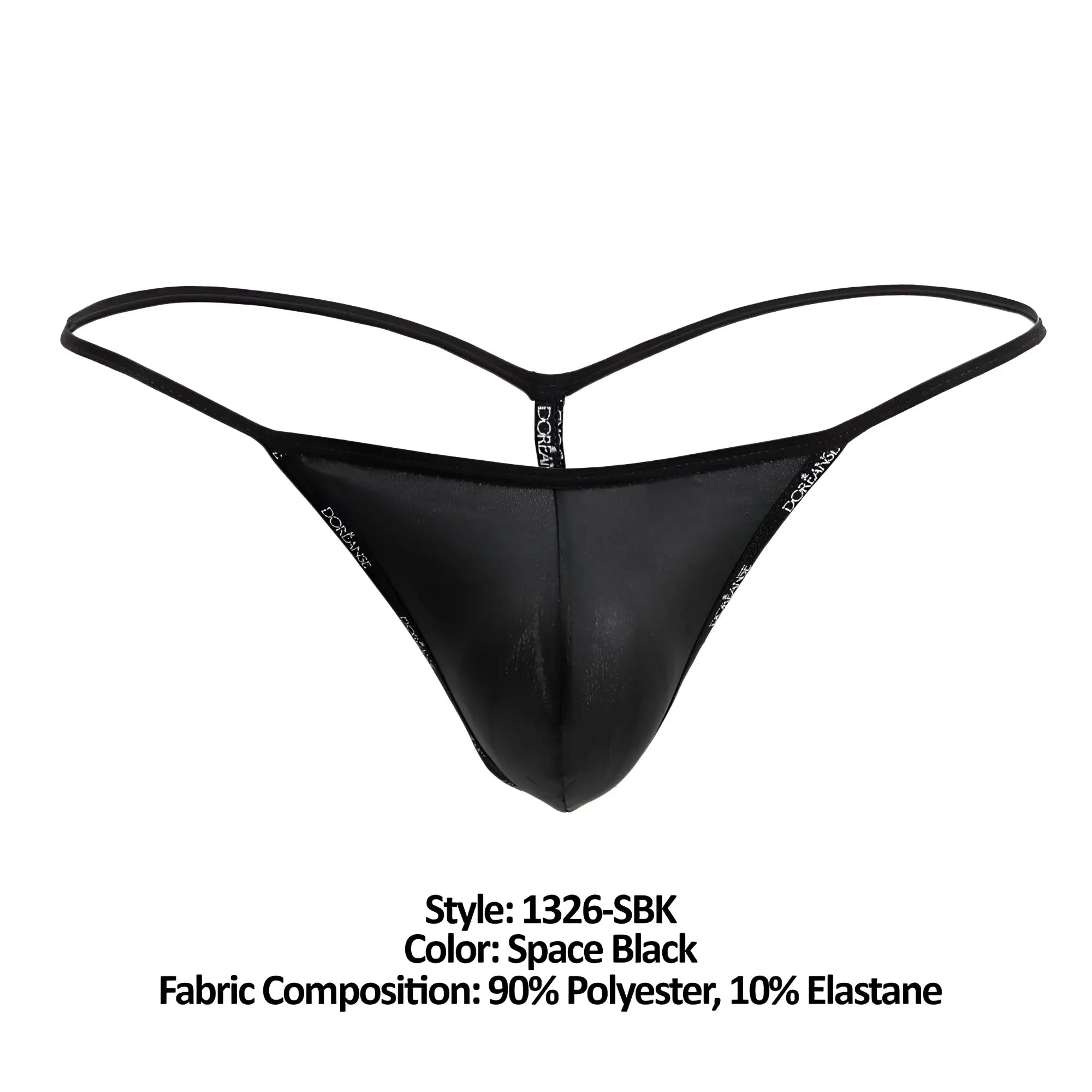 Black space black thong g-string with sleek glossy finish and thin elastic straps by doreanse 1326-sbk flashy