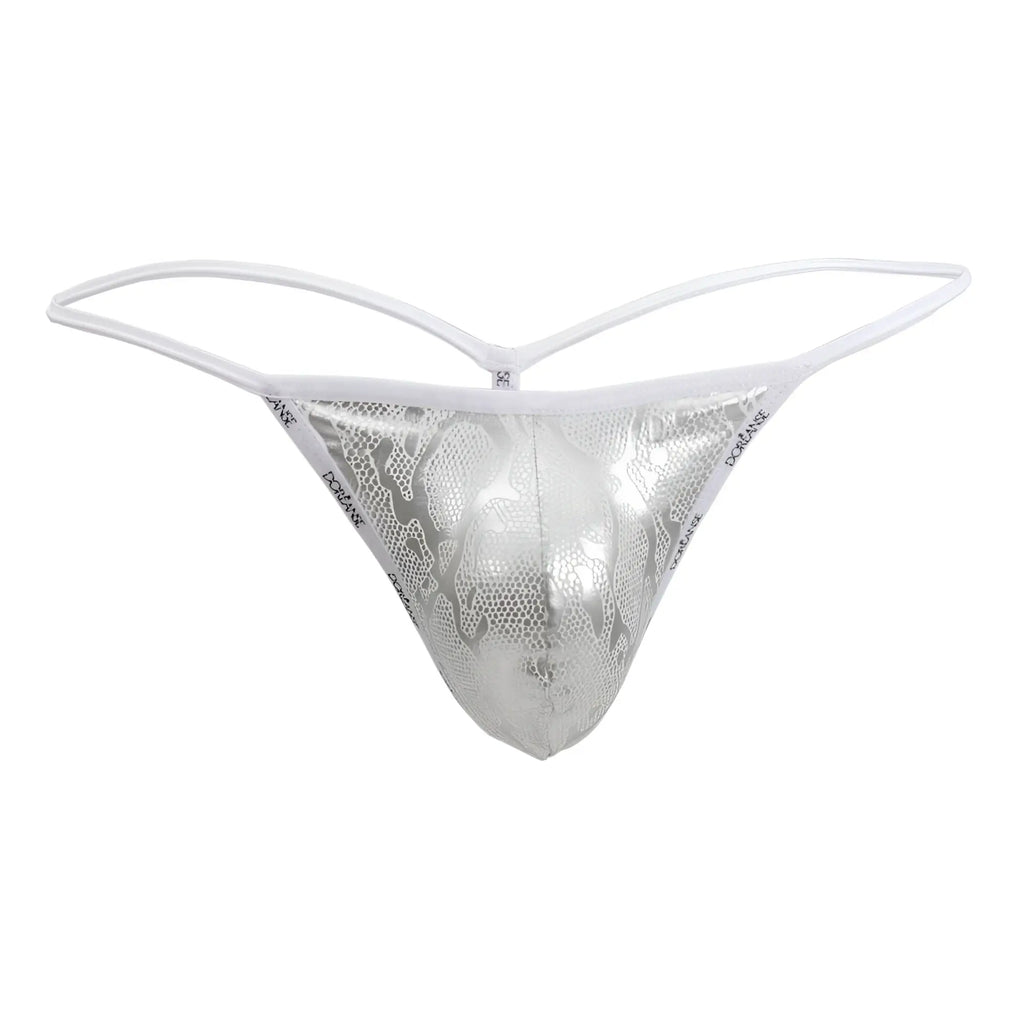 Silver metallic thong with snakeskin pattern and white elastic straps from doreanse 1326-slv flashy g-string collection