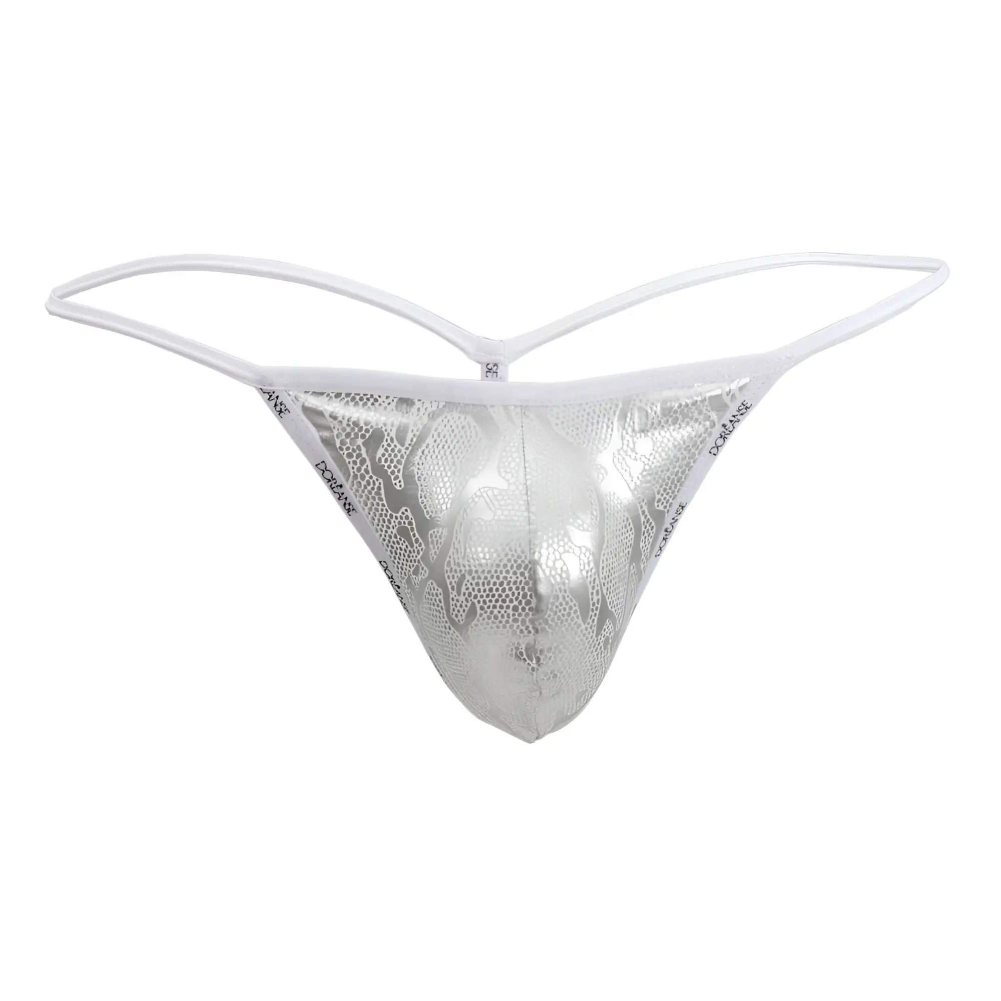Silver metallic thong with snakeskin pattern and white elastic straps from doreanse 1326-slv flashy g-string collection