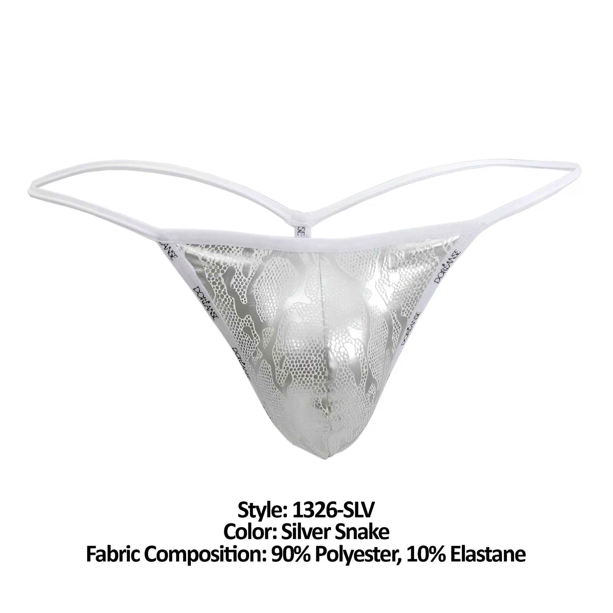Doreanse 1326-slv flashy g-string in silver snake pattern with white elastic straps for a bold lingerie look