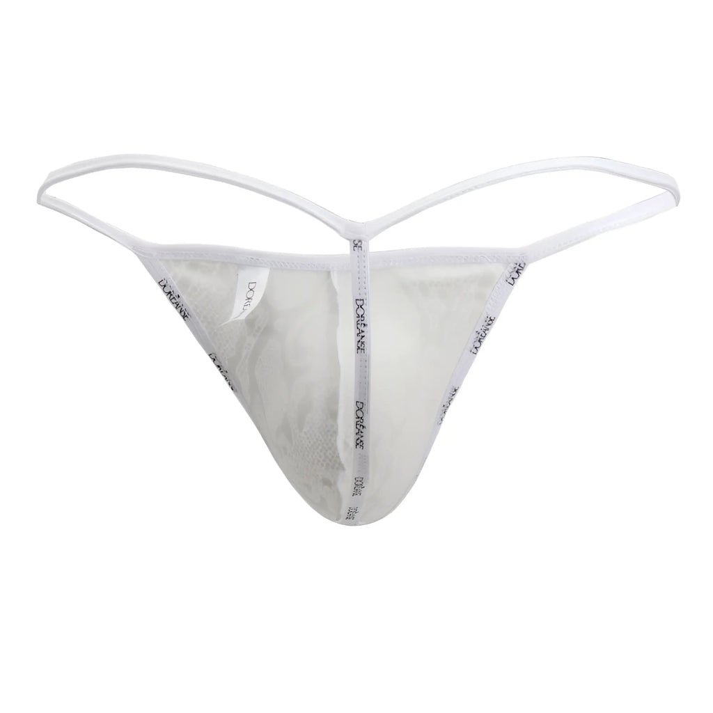 White sheer mesh thong with thin elastic straps and silver snake branded tag on waistband doreanse 1326-slv flashy g-string
