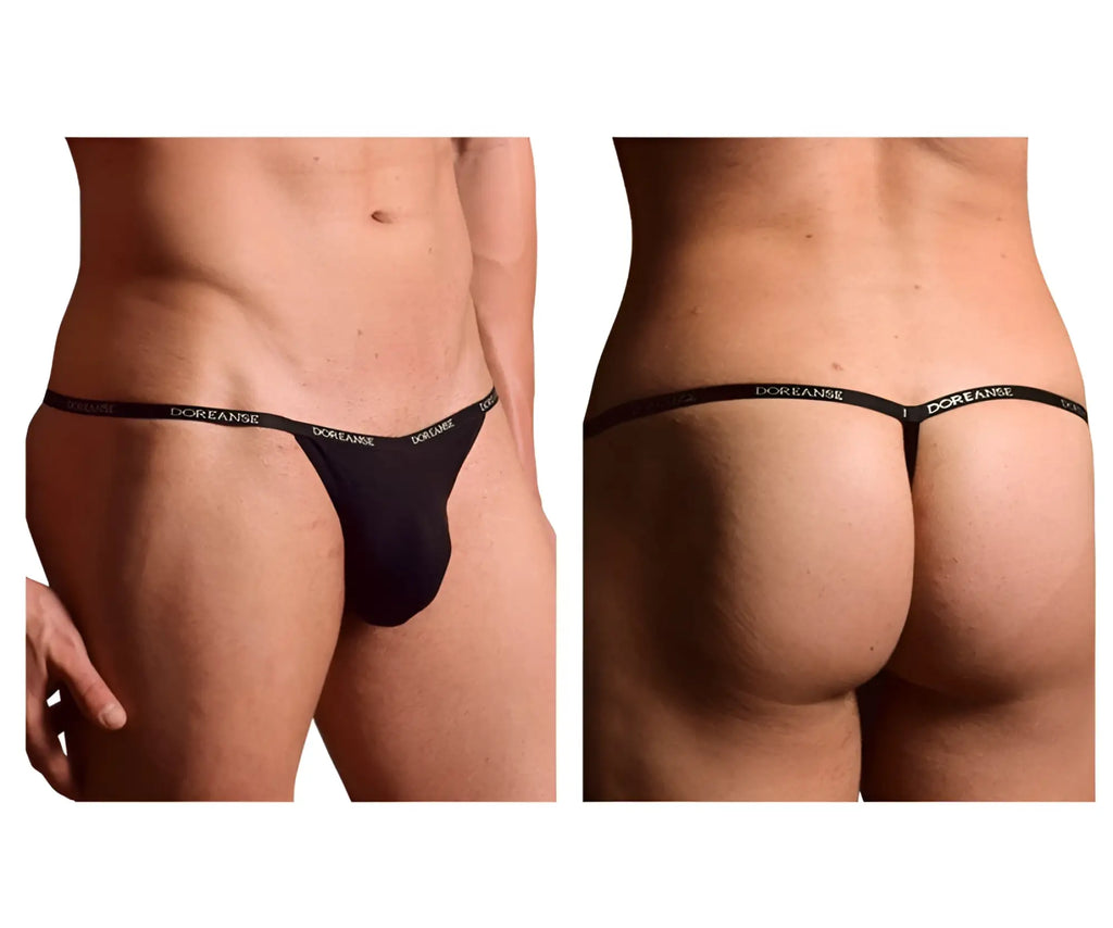 Black doreanse 1330-BLK ribbed modal thong with narrow waistband and white brand lettering visible on the back side