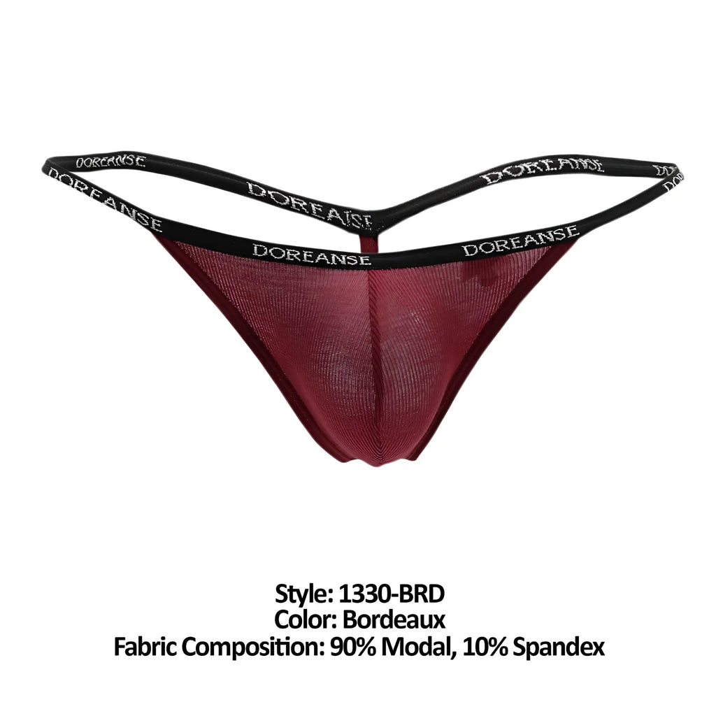Bordeaux colored doreanse 1330-brd ribbed modal thong with black elastic waistband featuring white branding