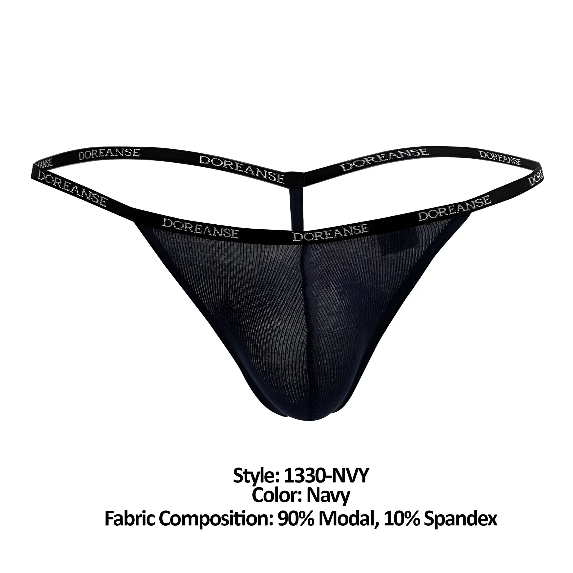 Black doreanse thong with mesh fabric and elastic waistband featuring white doreanse branding in navy ribbed modal material