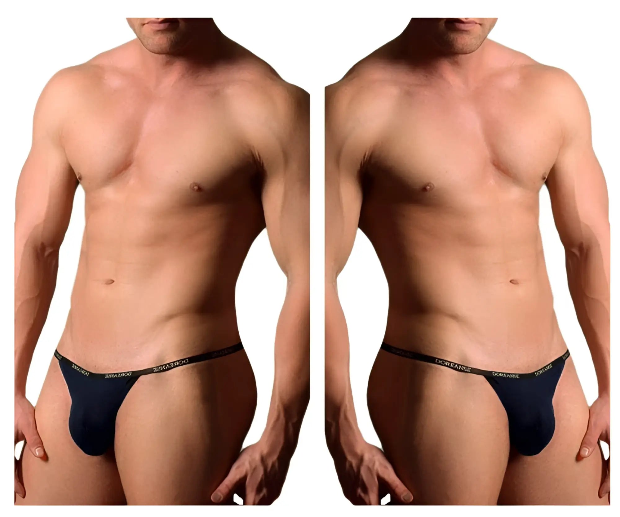 Navy blue doreanse 1330-nvy ribbed modal t-thong briefs with black elastic waistband and white lettering front view