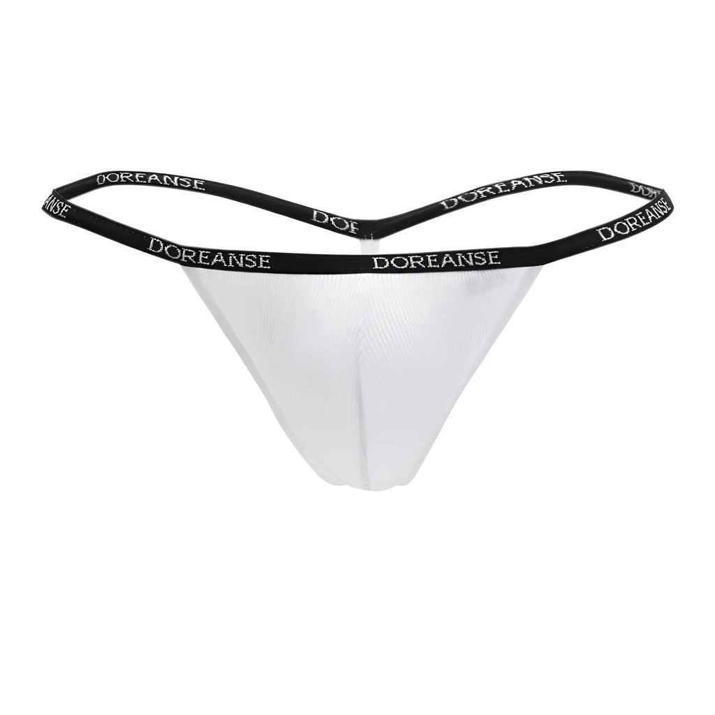 White doreanse 1330 ribbed modal t thong with black elastic waistband and white brand lettering
