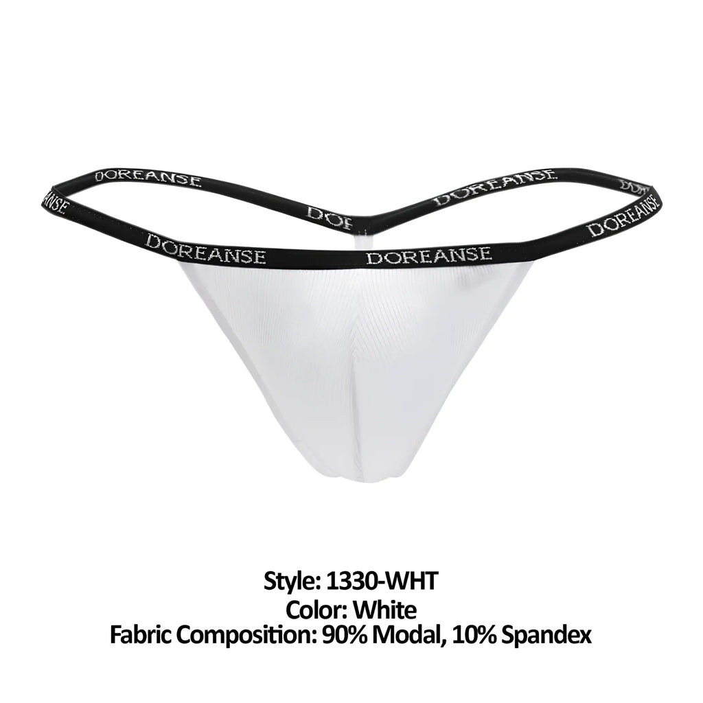 White doreanse 1330-WHT ribbed modal t-thong with black elastic waistband featuring brand name in white lettering