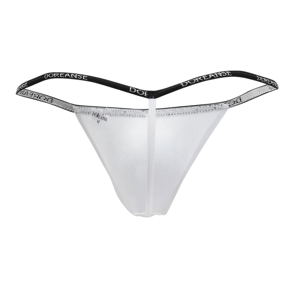 Transparent white ribbed modal thong with black elastic waistband and silver glitter trim by Doreanse 1330-WHT