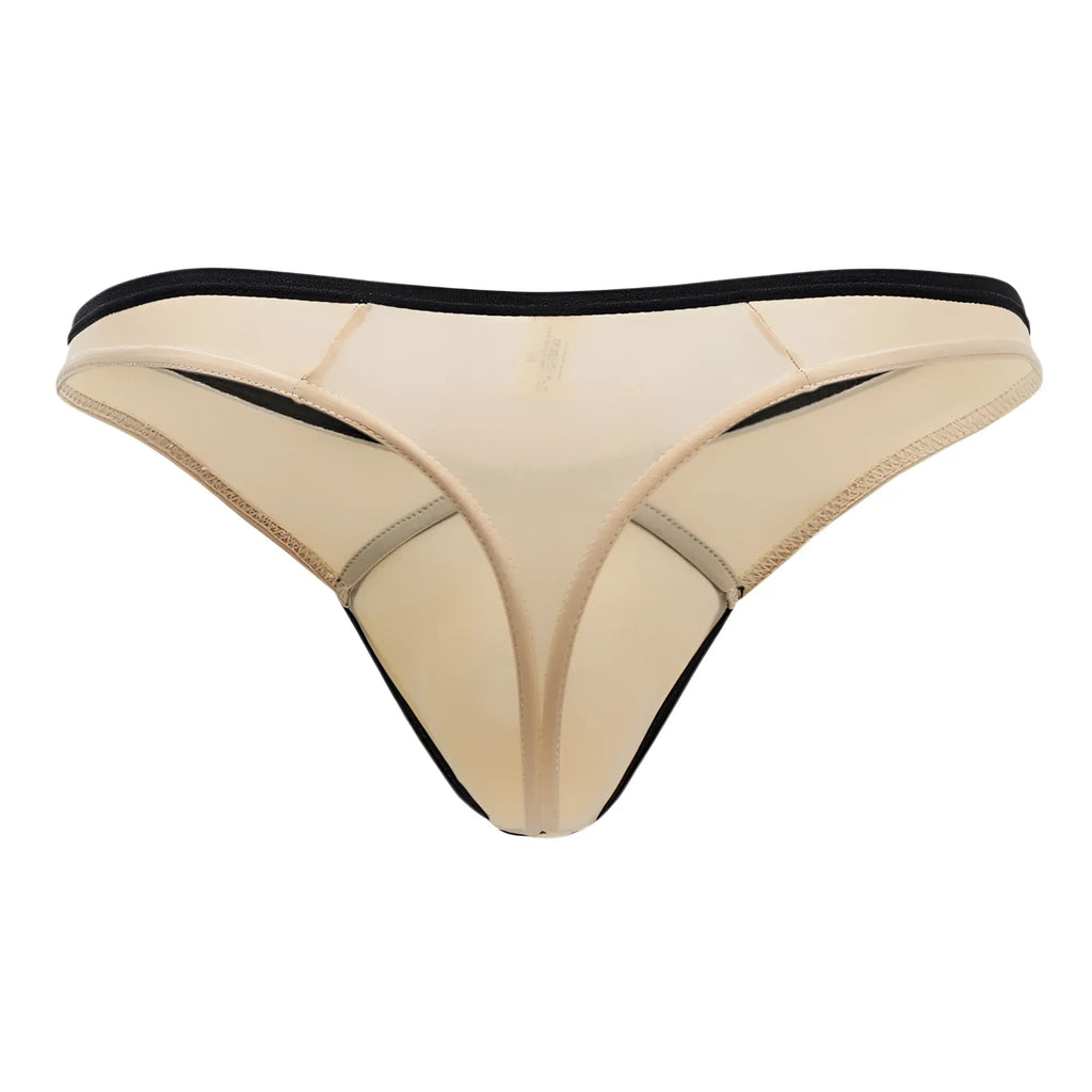 Beige tan thong by doreanse with black trim and subtle logo on front in soft comfortable fabric