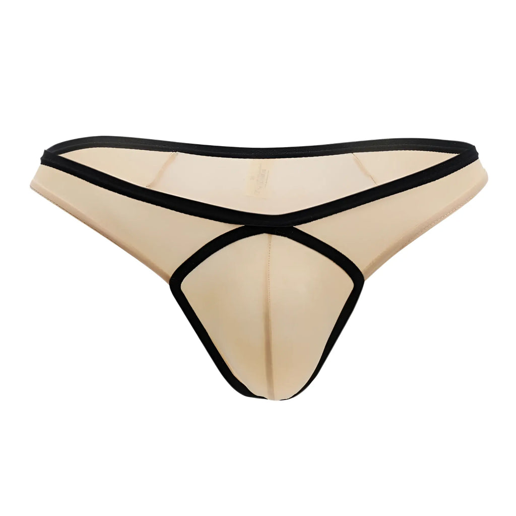 Beige sheer thong with black elastic trim and central front panel by Doreanse 1332-TAN loop thong color tan