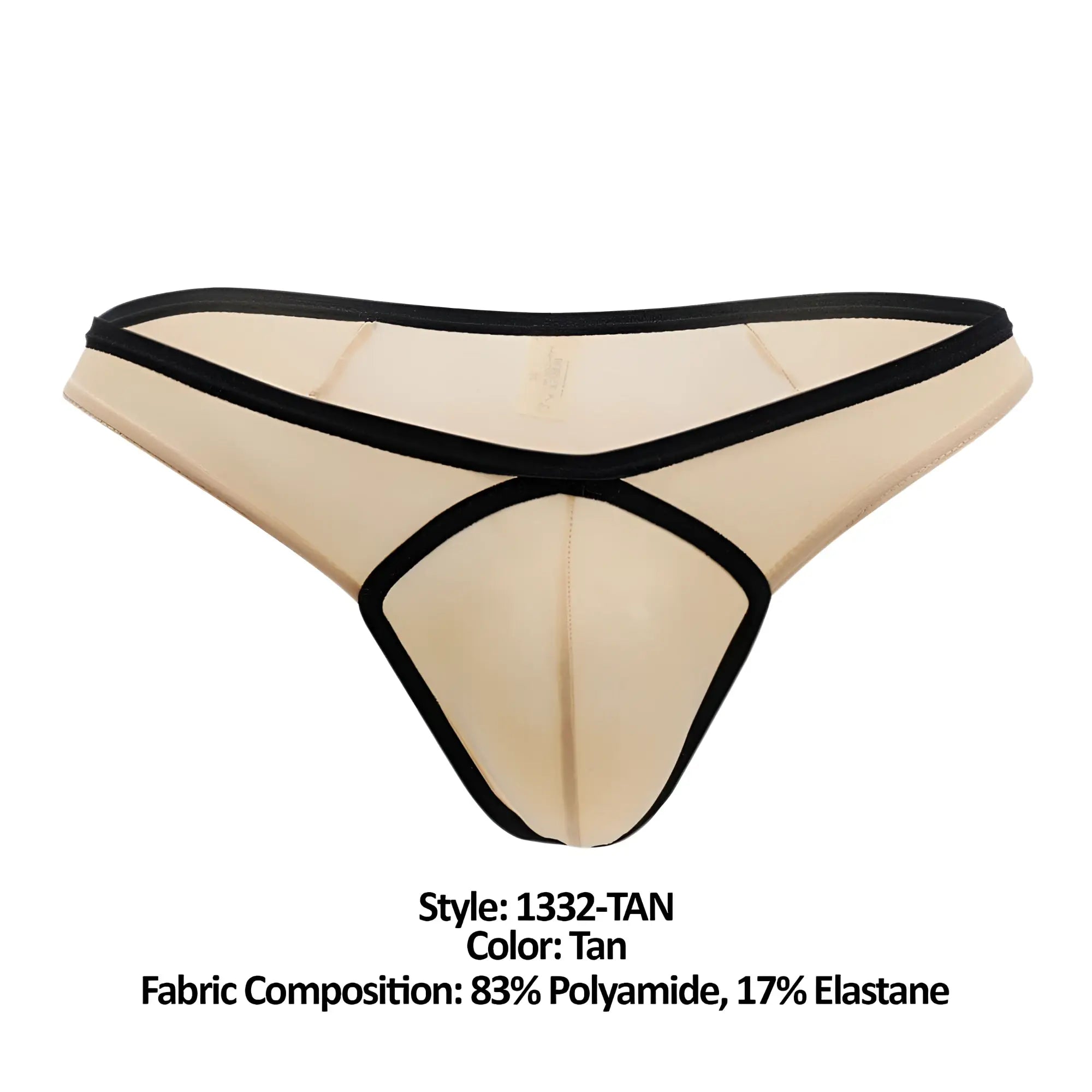 Doreanse 1332-TAN loop thong in tan with black elastic trim sheer form-fitting design made from polyamide and elastane