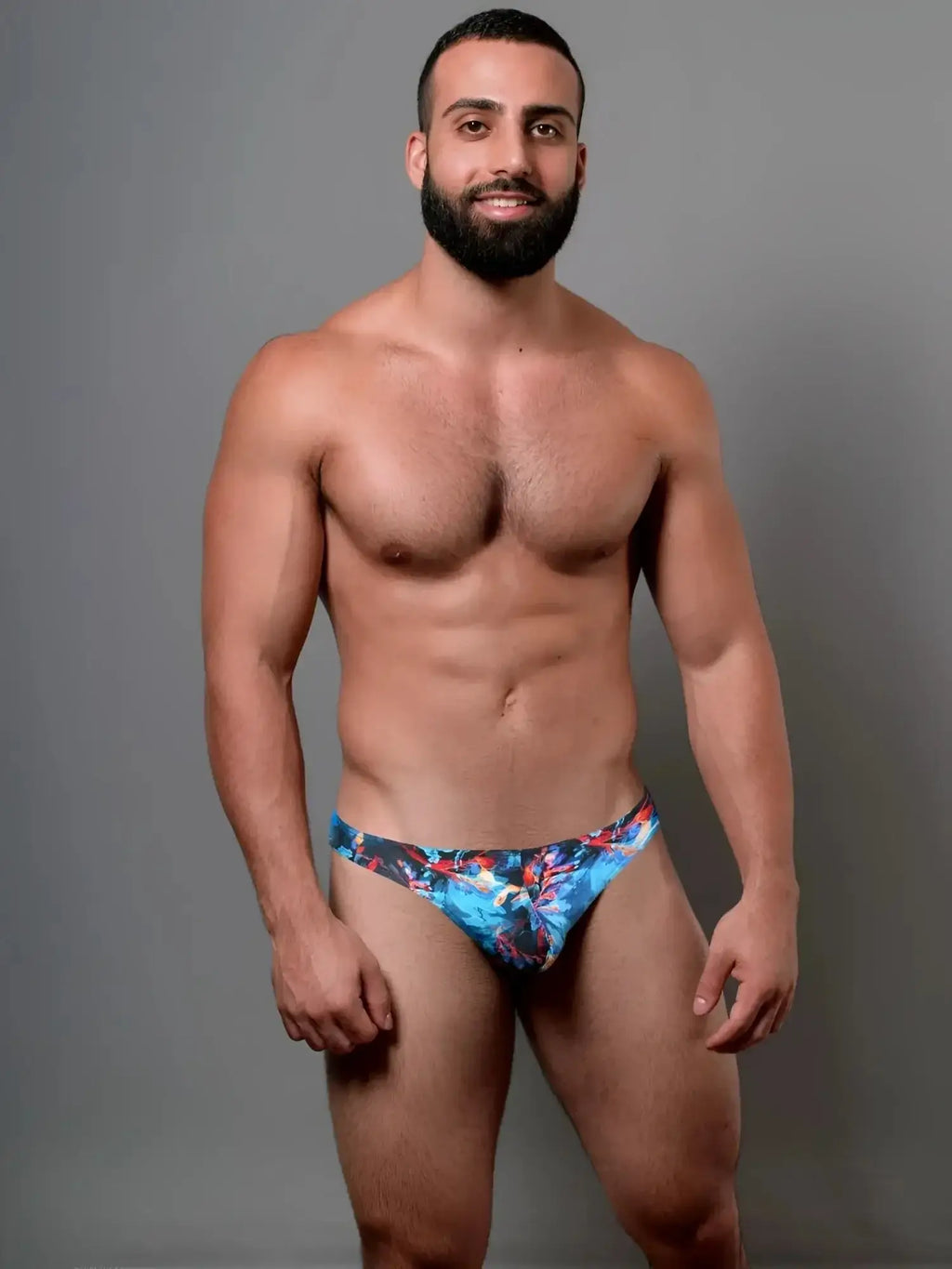 Blue and red floral patterned swim trunks doreanse 1341-prn deep sea thong color printed design for beachwear