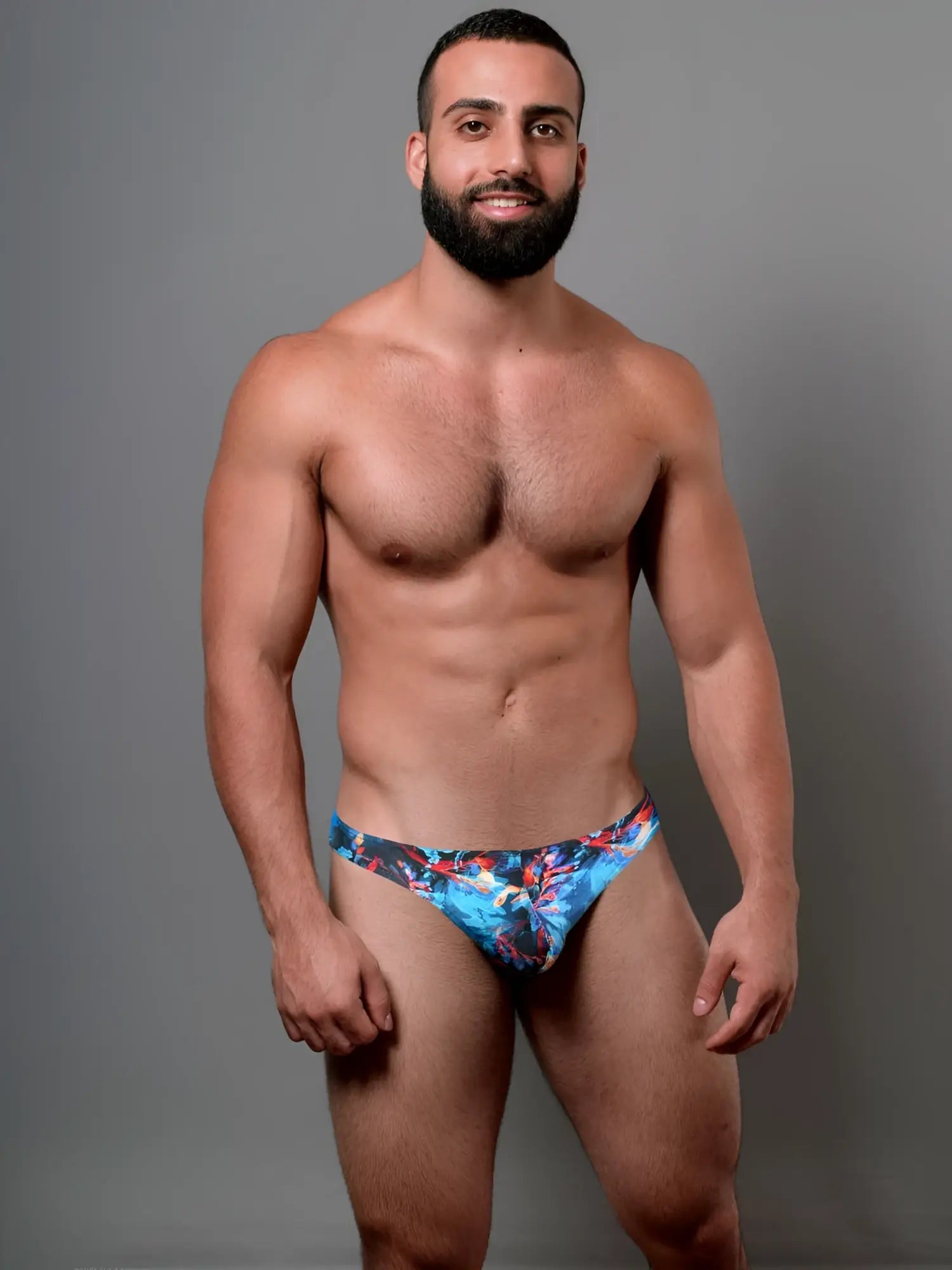 Blue and red floral patterned swim trunks doreanse 1341-prn deep sea thong color printed design for beachwear