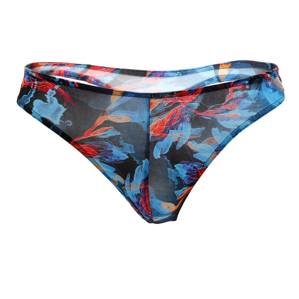 Sheer high-waisted thong with bold blue and red abstract floral print on black fabric from Doreanse 1341-PRN deep sea thong color printed