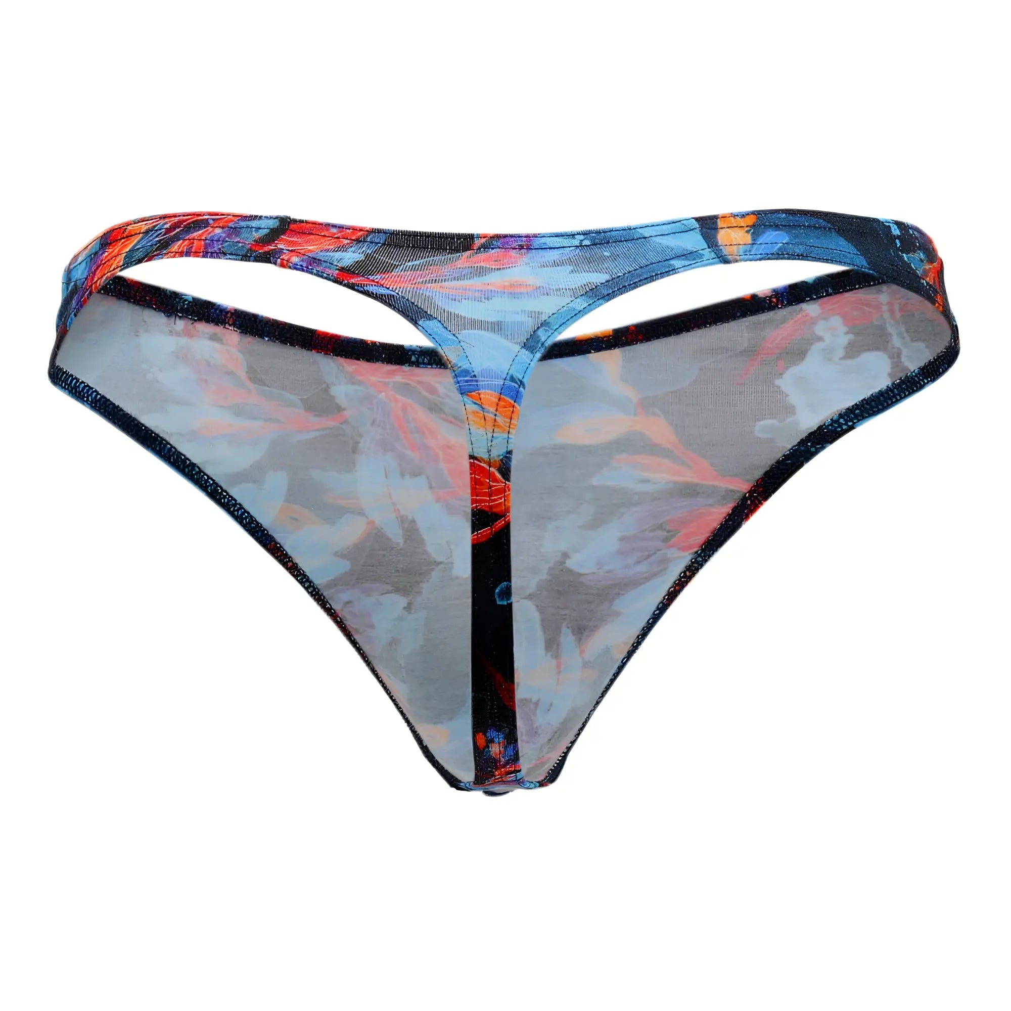 Doreanse 1341-PRN deep sea thong sheer mesh with vibrant blue orange red abstract floral pattern and black trim