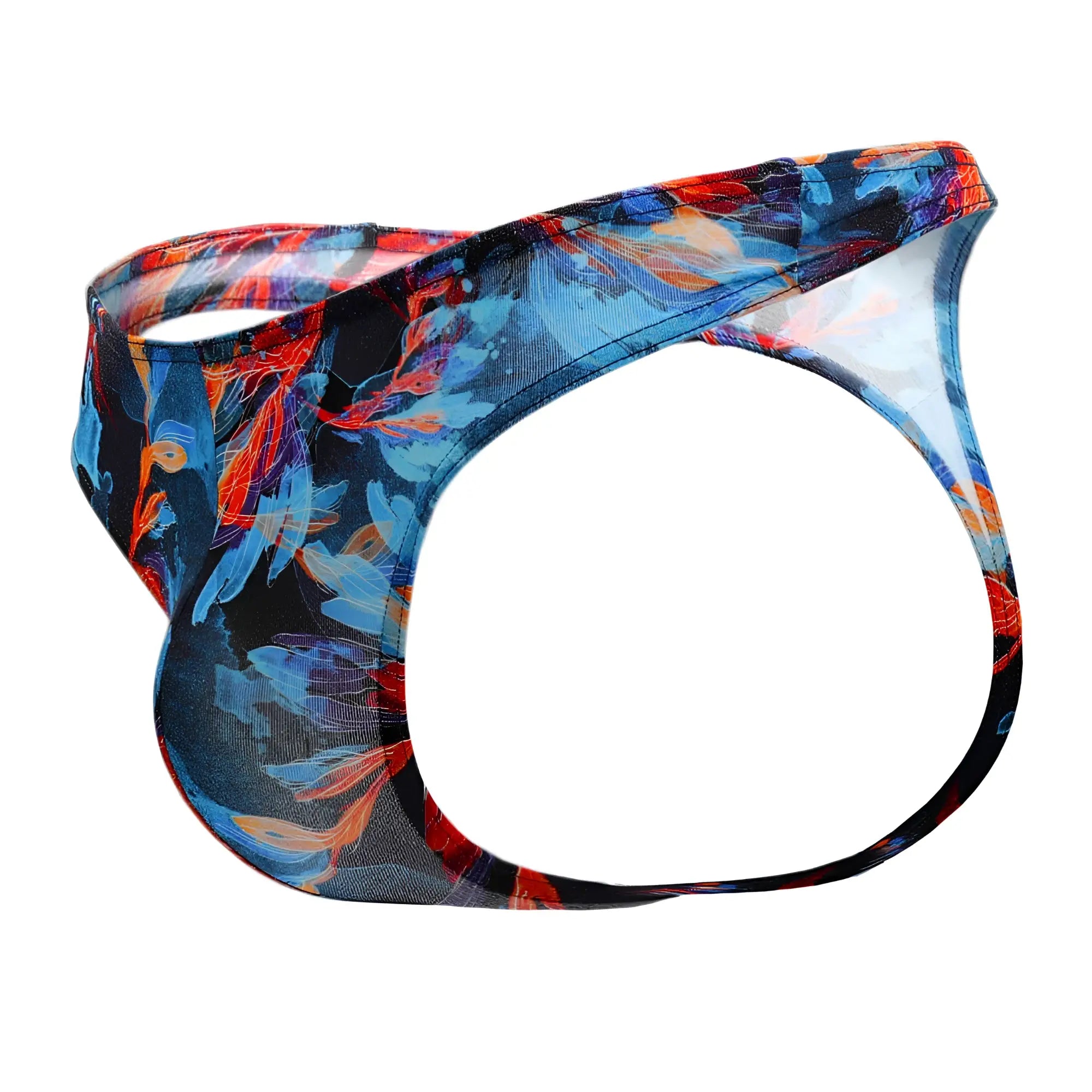 Doreanse 1341-prn deep sea thong in vibrant blue and orange floral sheer mesh fabric for men