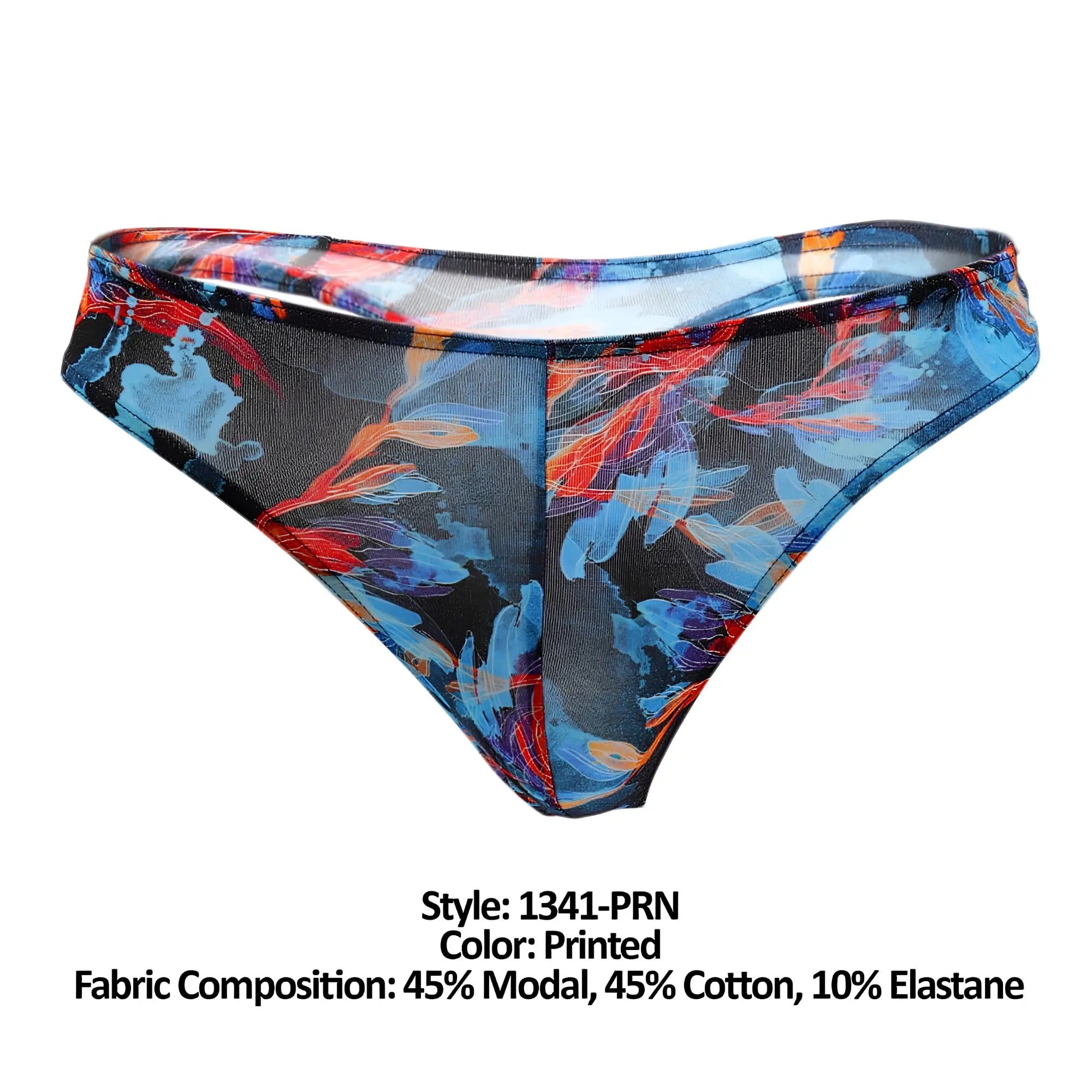 Doreanse 1341-PRN deep sea thong printed with blue and red floral patterns on sheer black mesh fabric