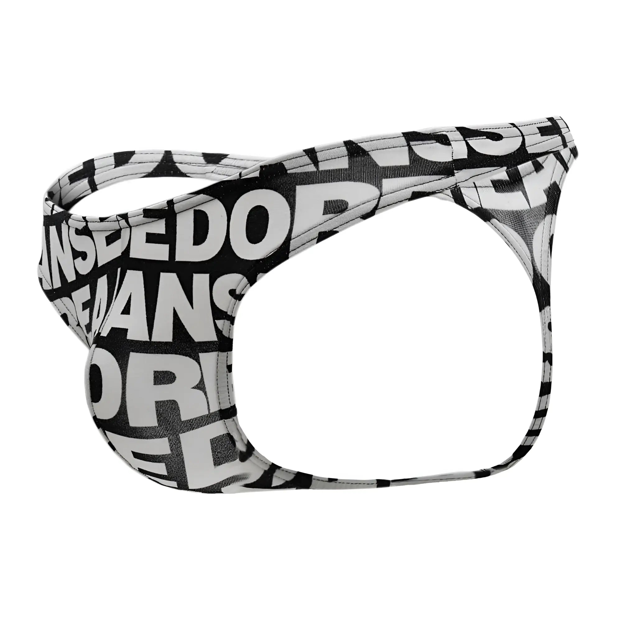 Black and white graphic-patterned men’s briefs with bold overlapping text design from doreanse 1369-prn collection