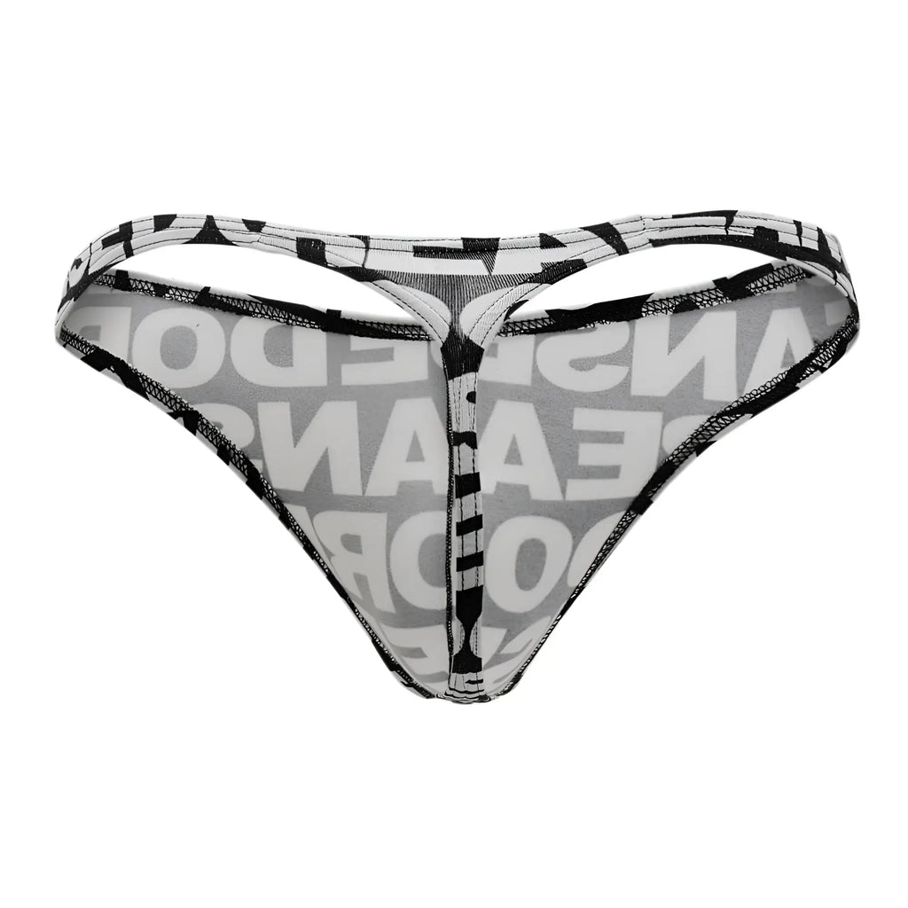 Black and white Doreanse 1369-PRN big logo thong with bold repeating lettering on sheer mesh fabric front side