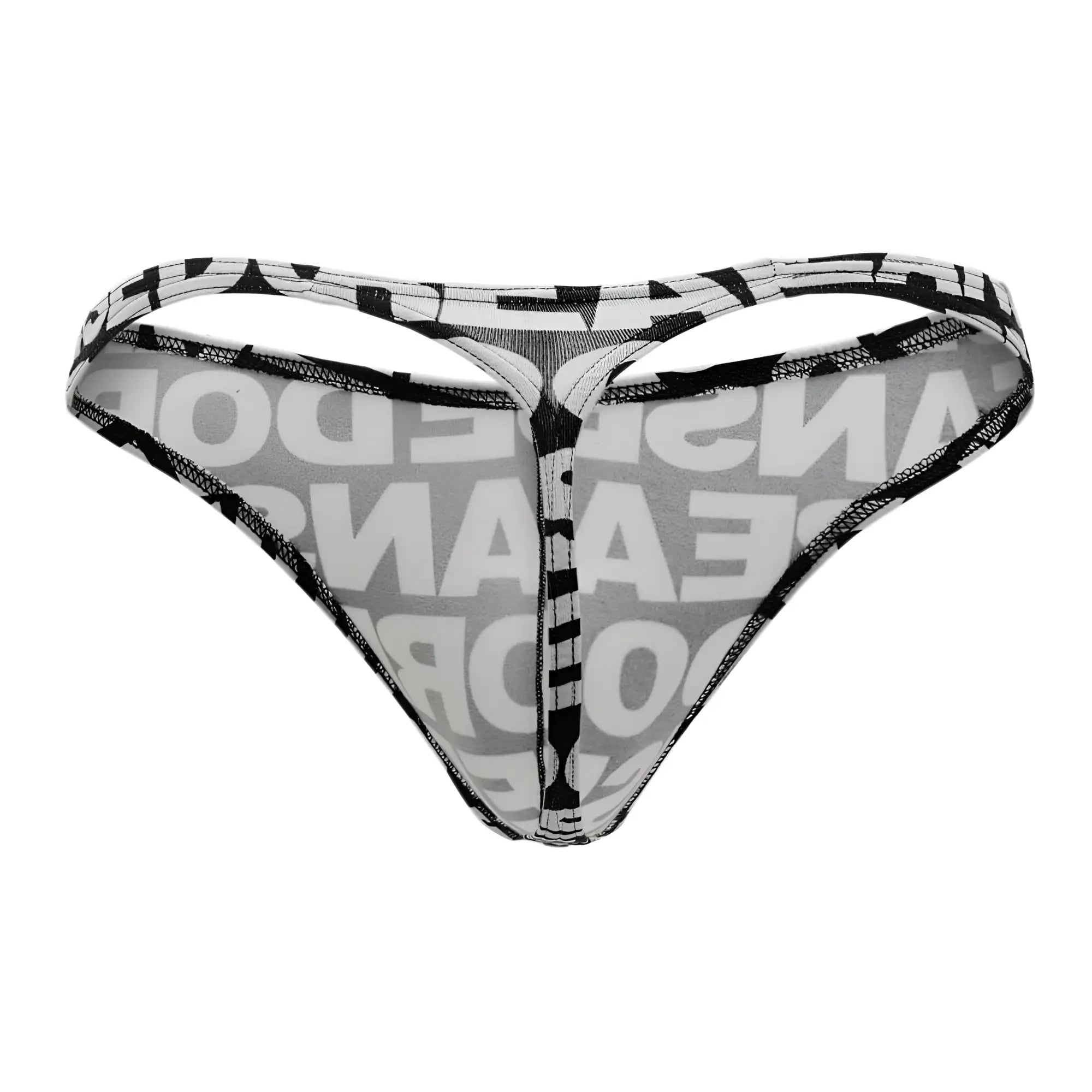 Black and white Doreanse 1369-PRN big logo thong with bold repeating lettering on sheer mesh fabric front side