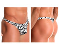 Black and white patterned men’s thong with bold repeating doreanse logo print in color printed fabric