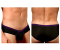 Doreanse 1377-BLK Boost cheeky brief in black with bold purple trim and distinctive v-shaped design on front side