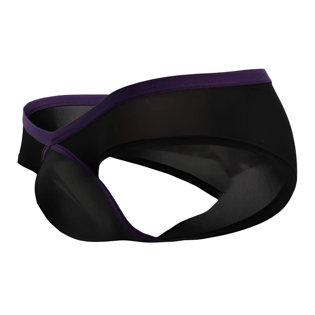 Doreanse 1377-blk boost cheeky brief black mesh briefs with purple elastic waistband shown from the back