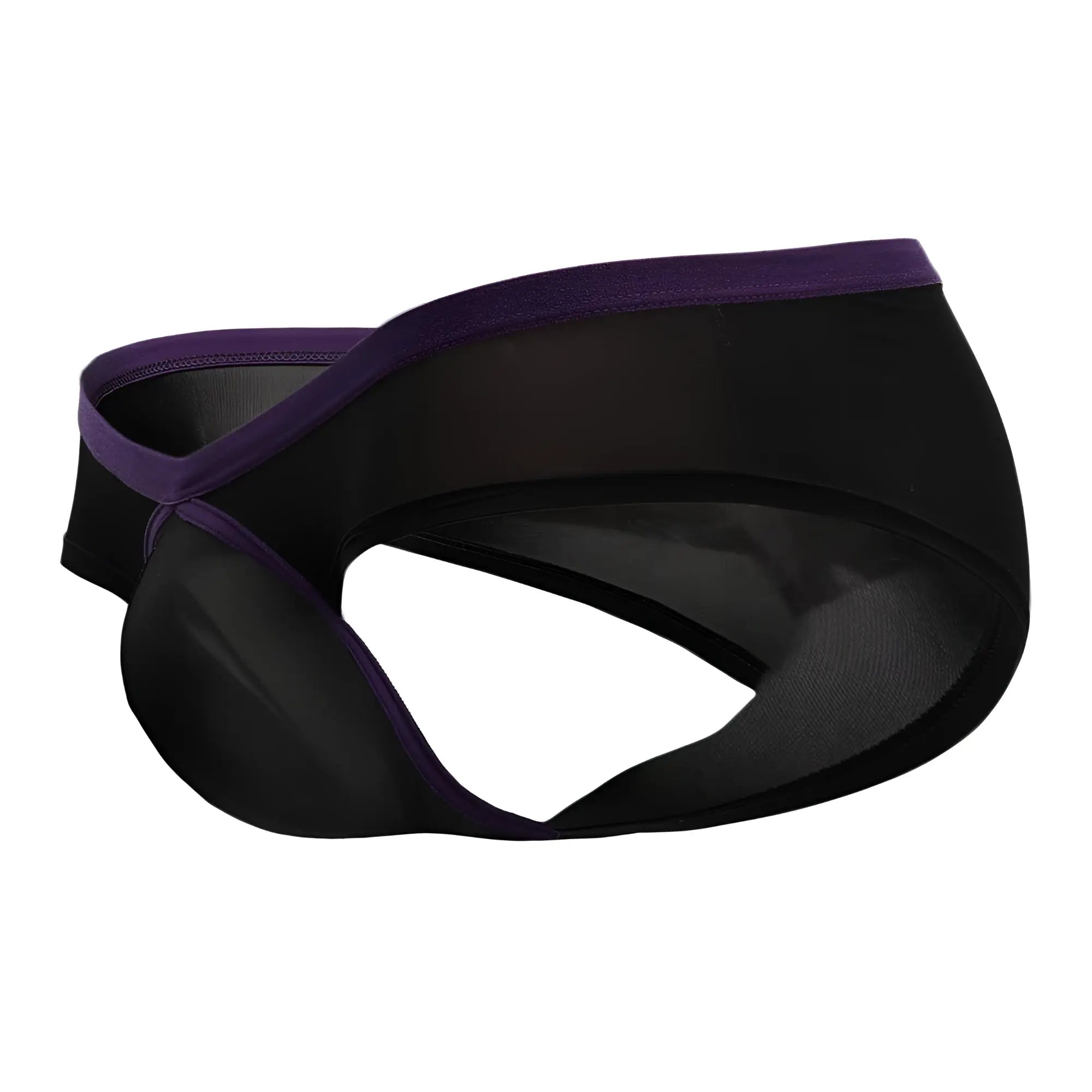 Doreanse 1377-blk boost cheeky brief black mesh briefs with purple elastic waistband shown from the back