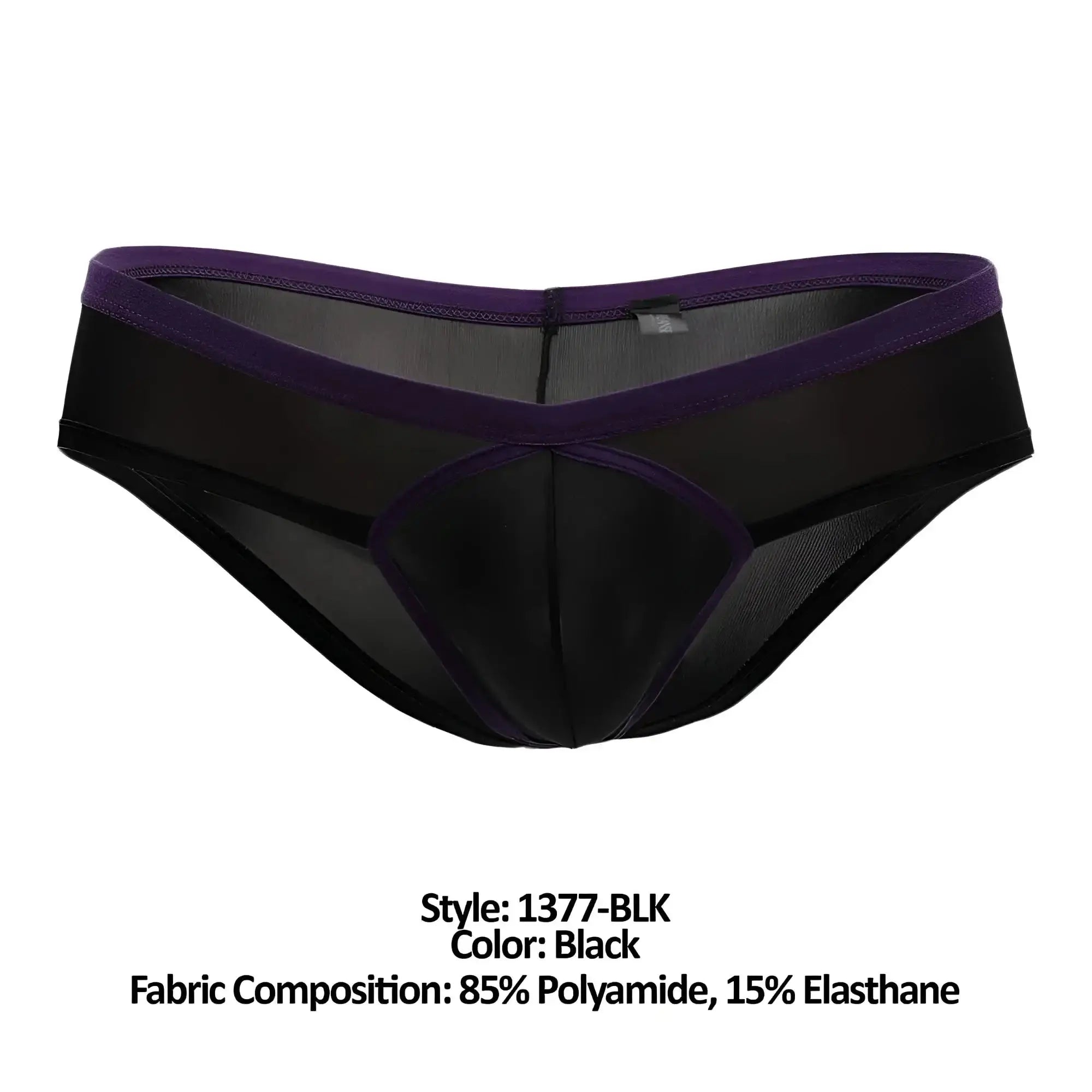 Doreanse 1377-blk boost cheeky brief black sheer men’s underwear with purple elastic waistband and reinforced paneling