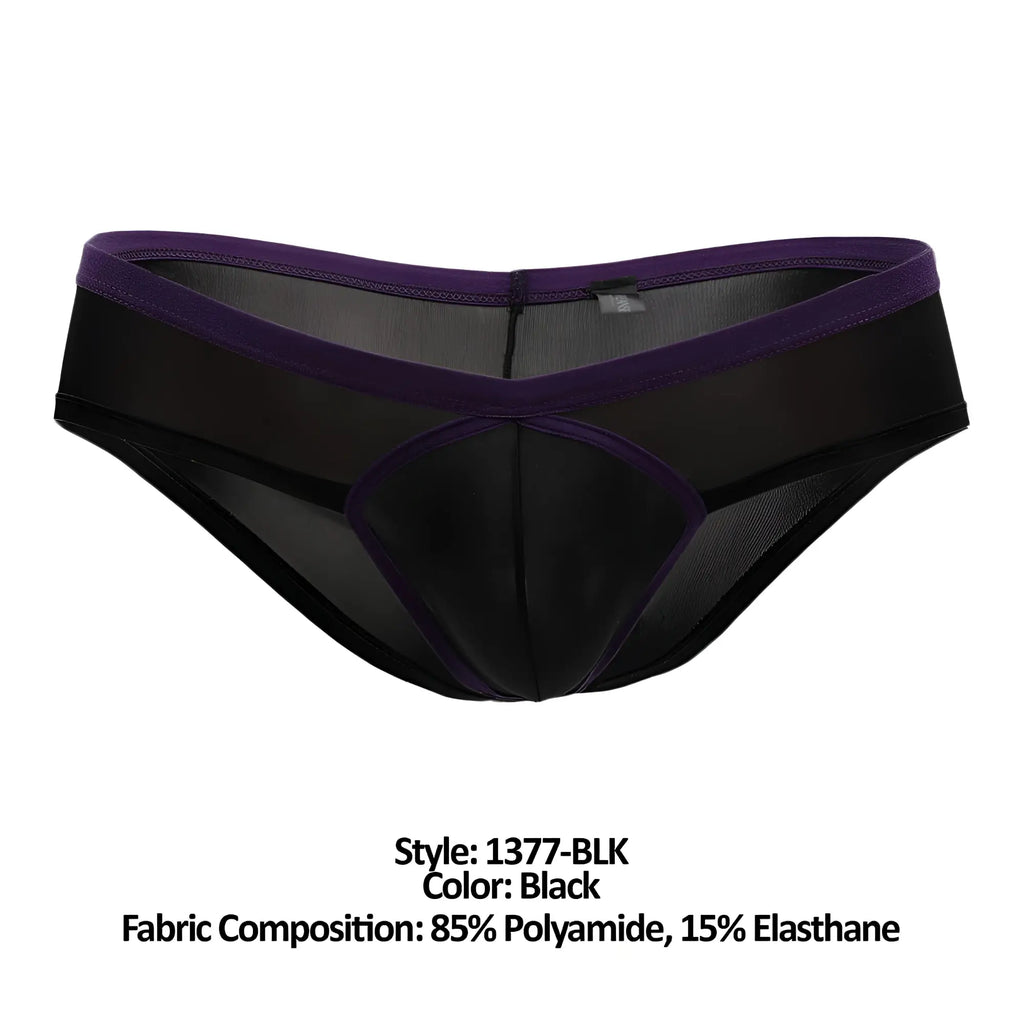 Doreanse 1377-blk boost cheeky brief black sheer men’s underwear with purple elastic waistband and reinforced paneling
