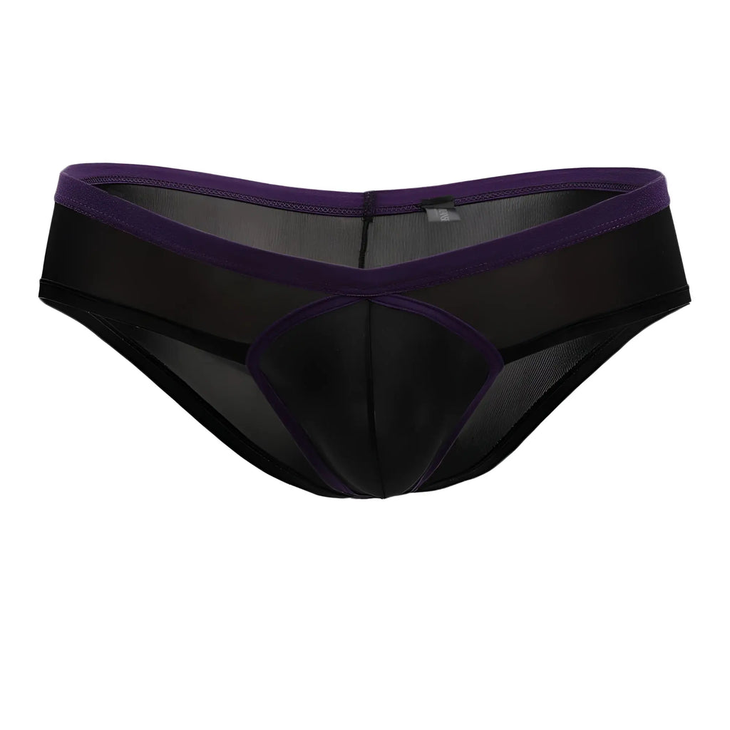 Black sheer mesh cheeky briefs with solid purple waistband and trim by doreanse 1377-blk boost color black