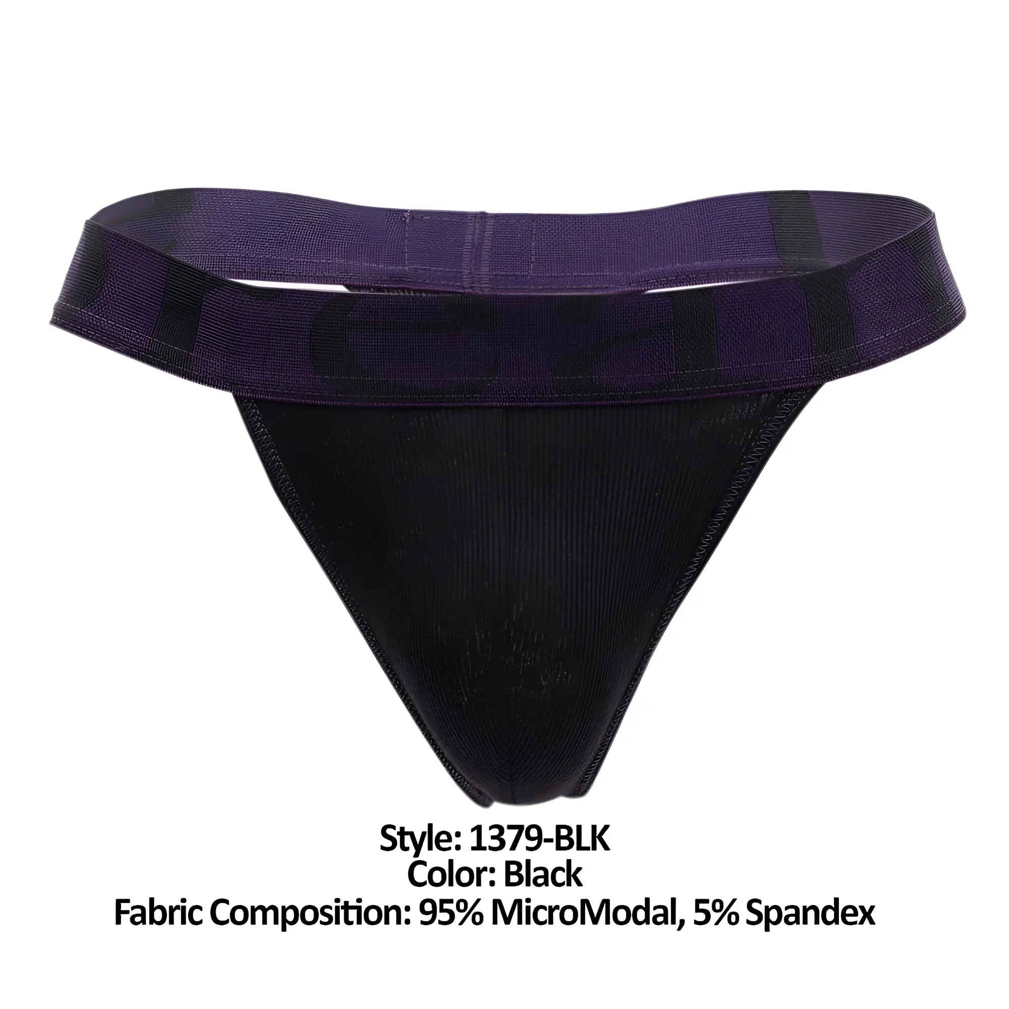 Black micromodal thong with a purple elastic waistband and subtle black pattern by Doreanse 1379-BLK shown from back