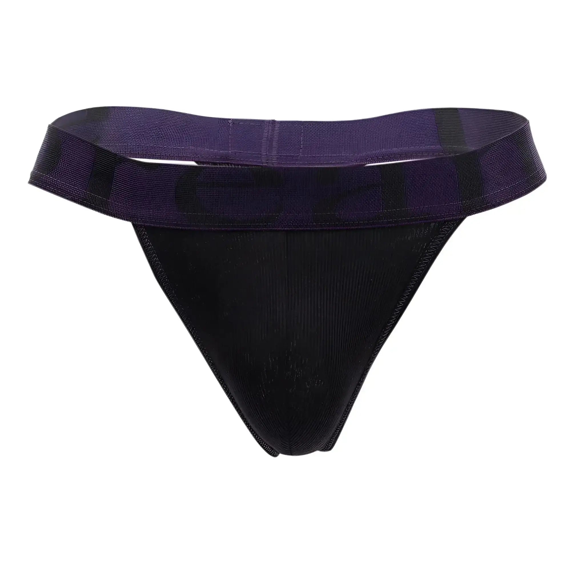 Black and purple Doreanse 1379-BLK micromodal thong with textured fabric body and wide patterned waistband front view
