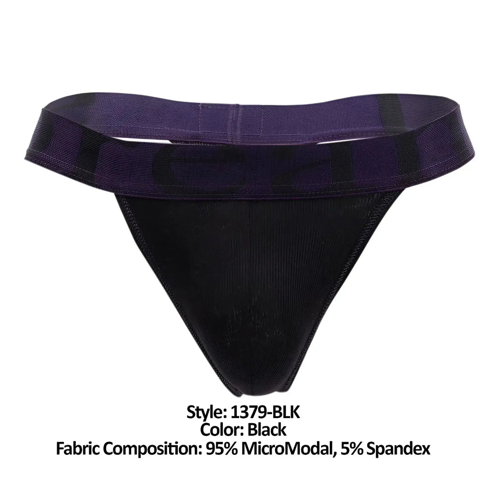Black micromodal thong with a purple elastic waistband and subtle black pattern by Doreanse 1379-BLK shown from back