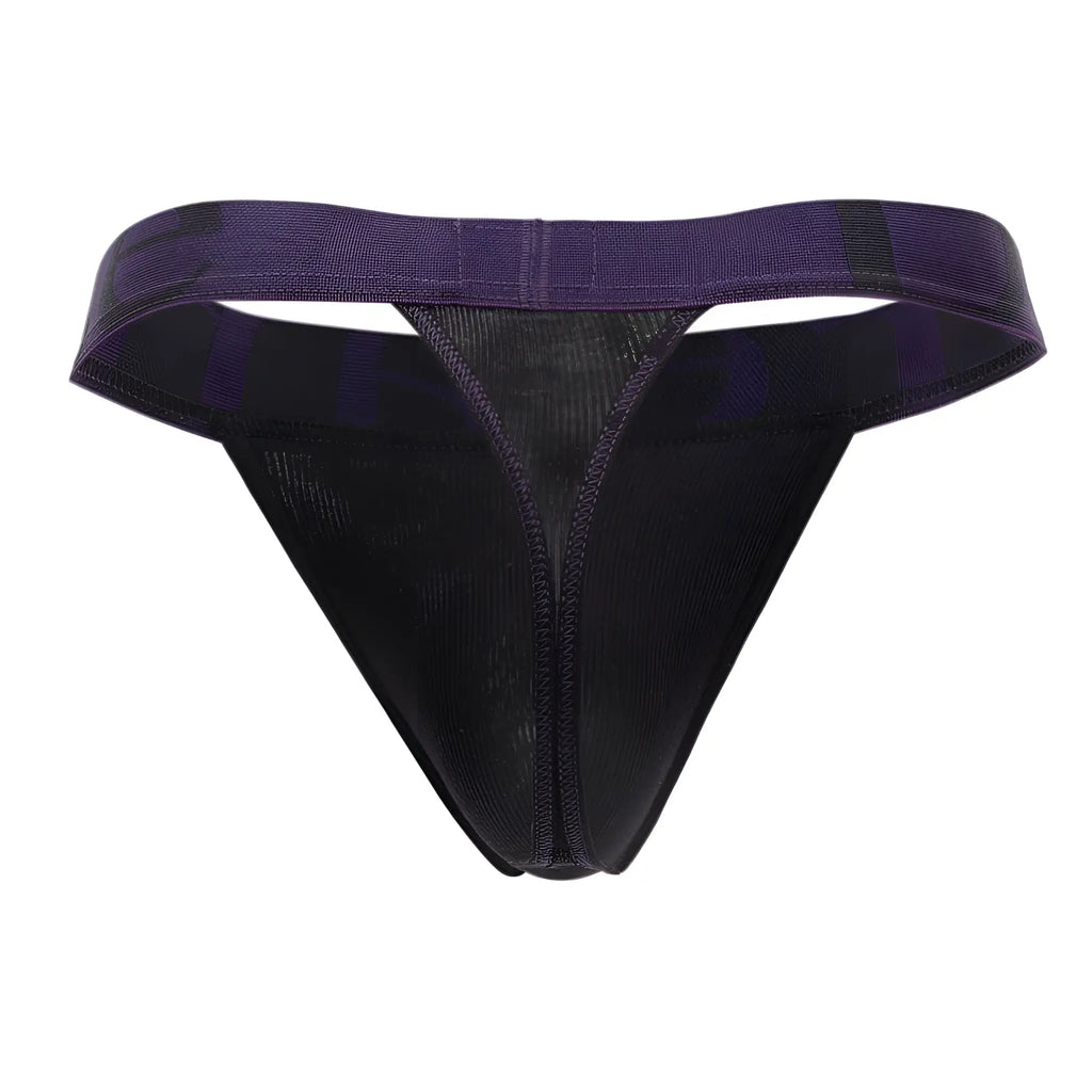 Doreanse 1379-BLK micromodal thong in black with a purple and black mesh front panel and elastic waistband
