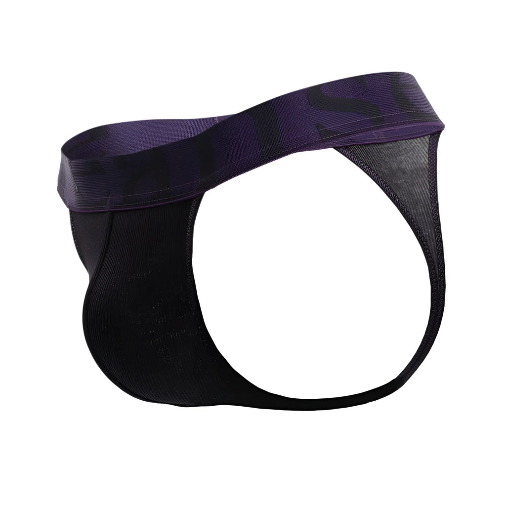 Doreanse 1379-BLK micromodal thong black with purple mesh briefs and solid purple waistband front view