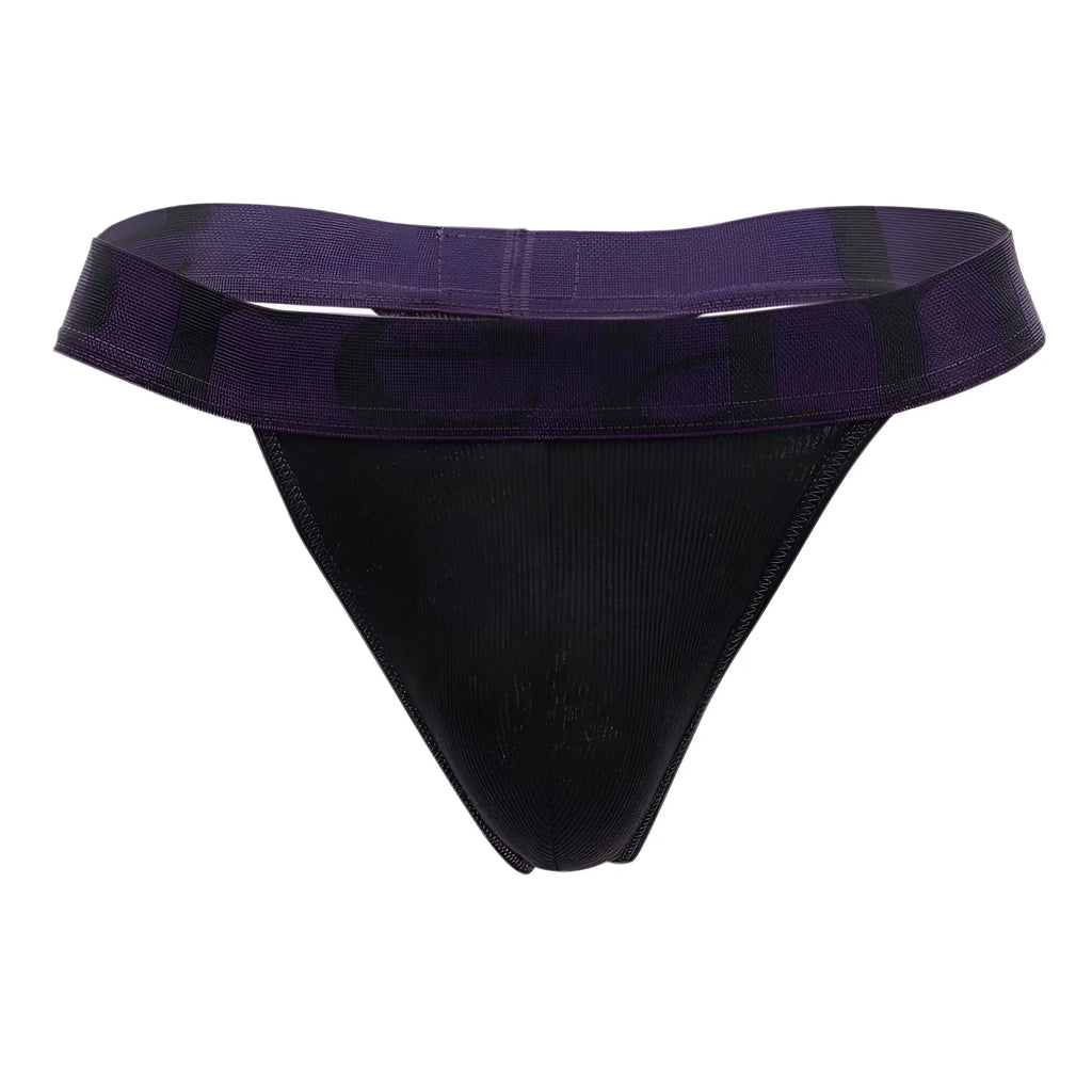 Black and purple Doreanse 1379-BLK micromodal thong with textured fabric body and wide patterned waistband front view