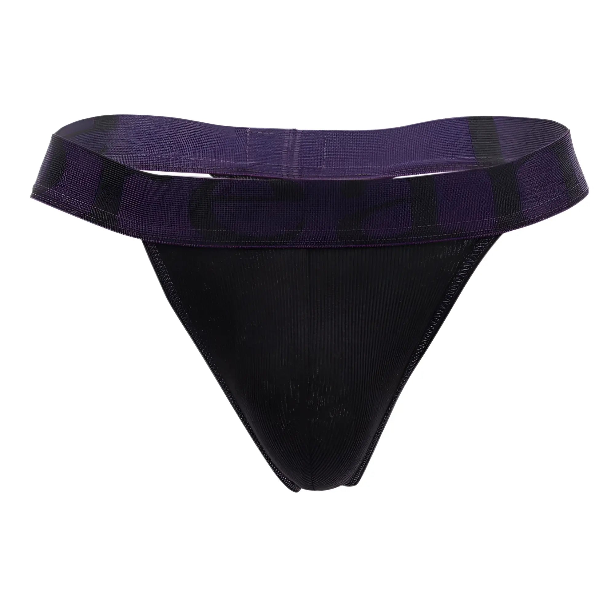 Black and purple Doreanse 1379-BLK micromodal thong with textured fabric body and wide patterned waistband front view