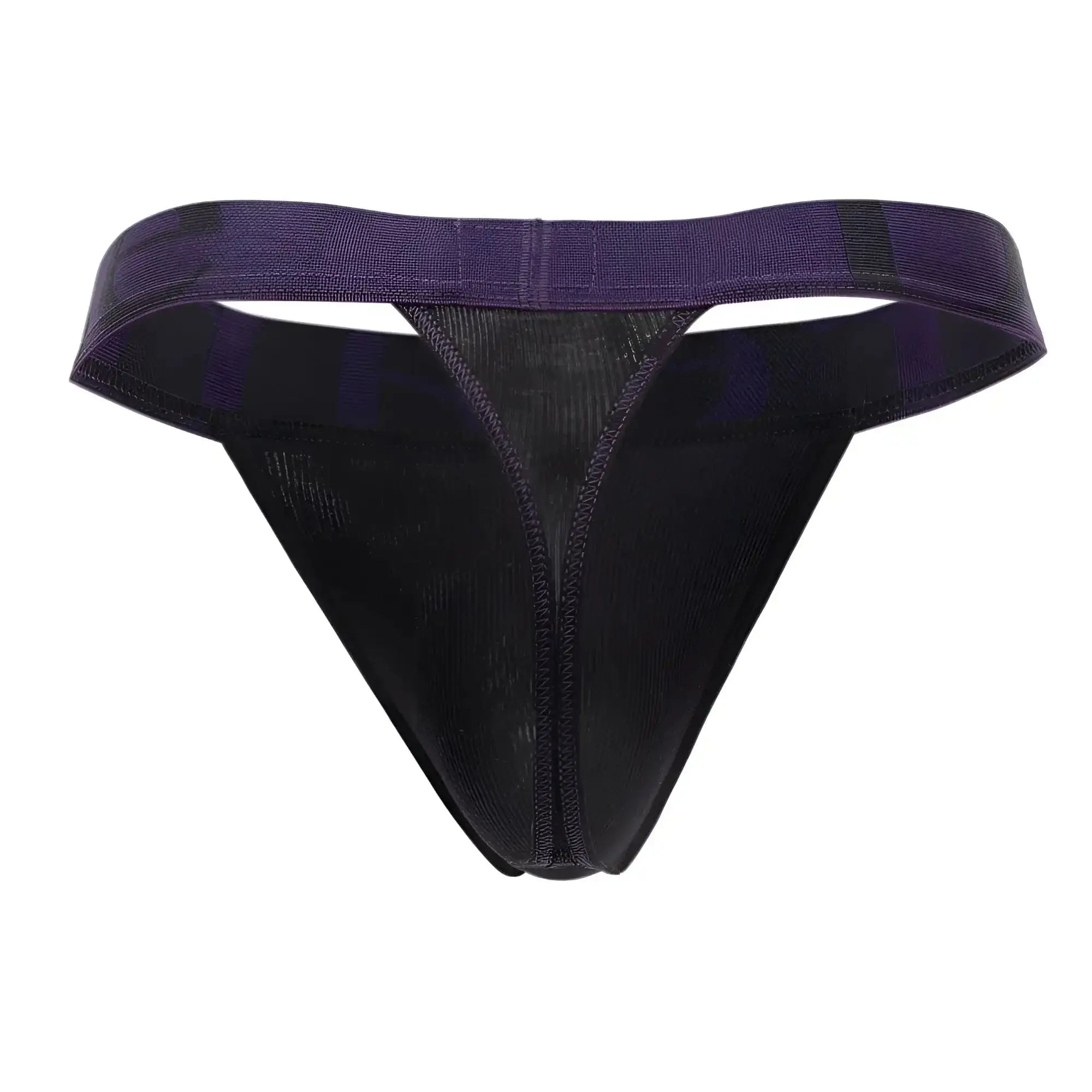 Doreanse 1379-BLK micromodal thong in black with a purple and black mesh front panel and elastic waistband