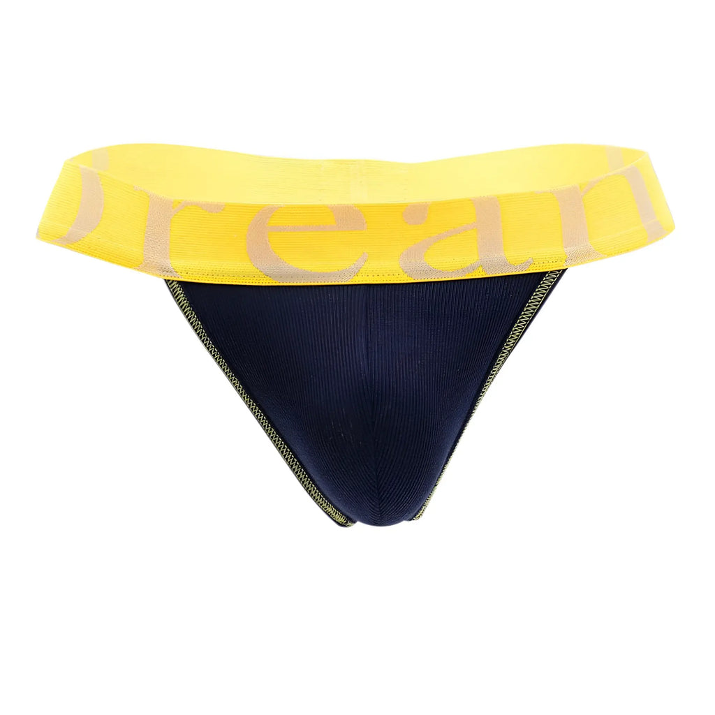 Navy blue micromodal thong by doreanse with bright yellow waistband and beige dream lettering front view