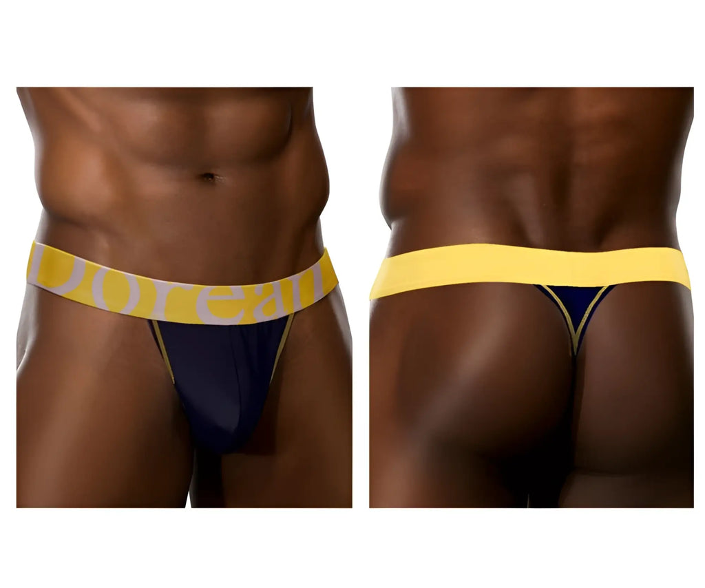 Navy blue micromodal thong with bright yellow waistband featuring doreanse branding for comfortable wear