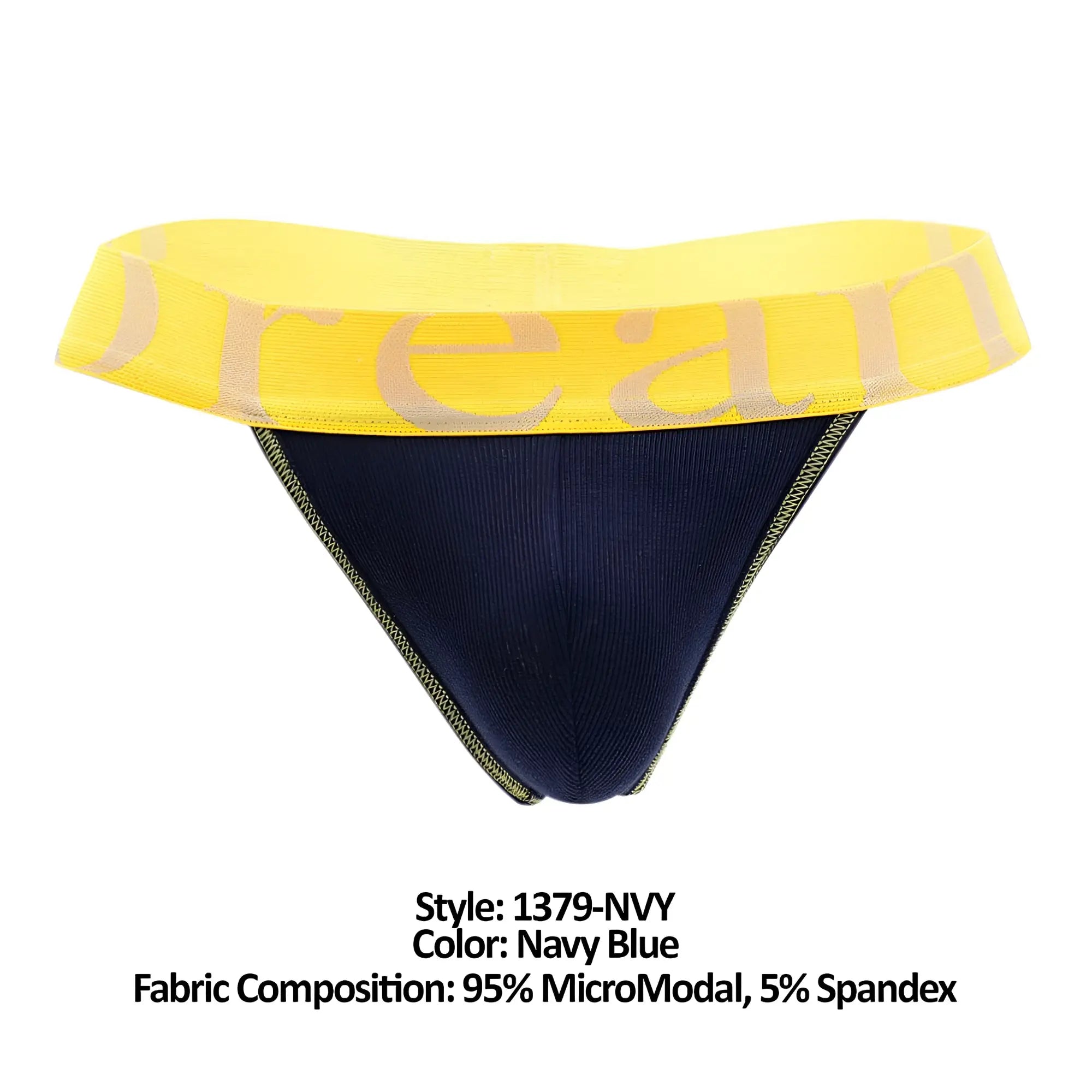 Doreanse 1379-NVY micromodal thong in navy blue with bright yellow waistband and beige dream lettering