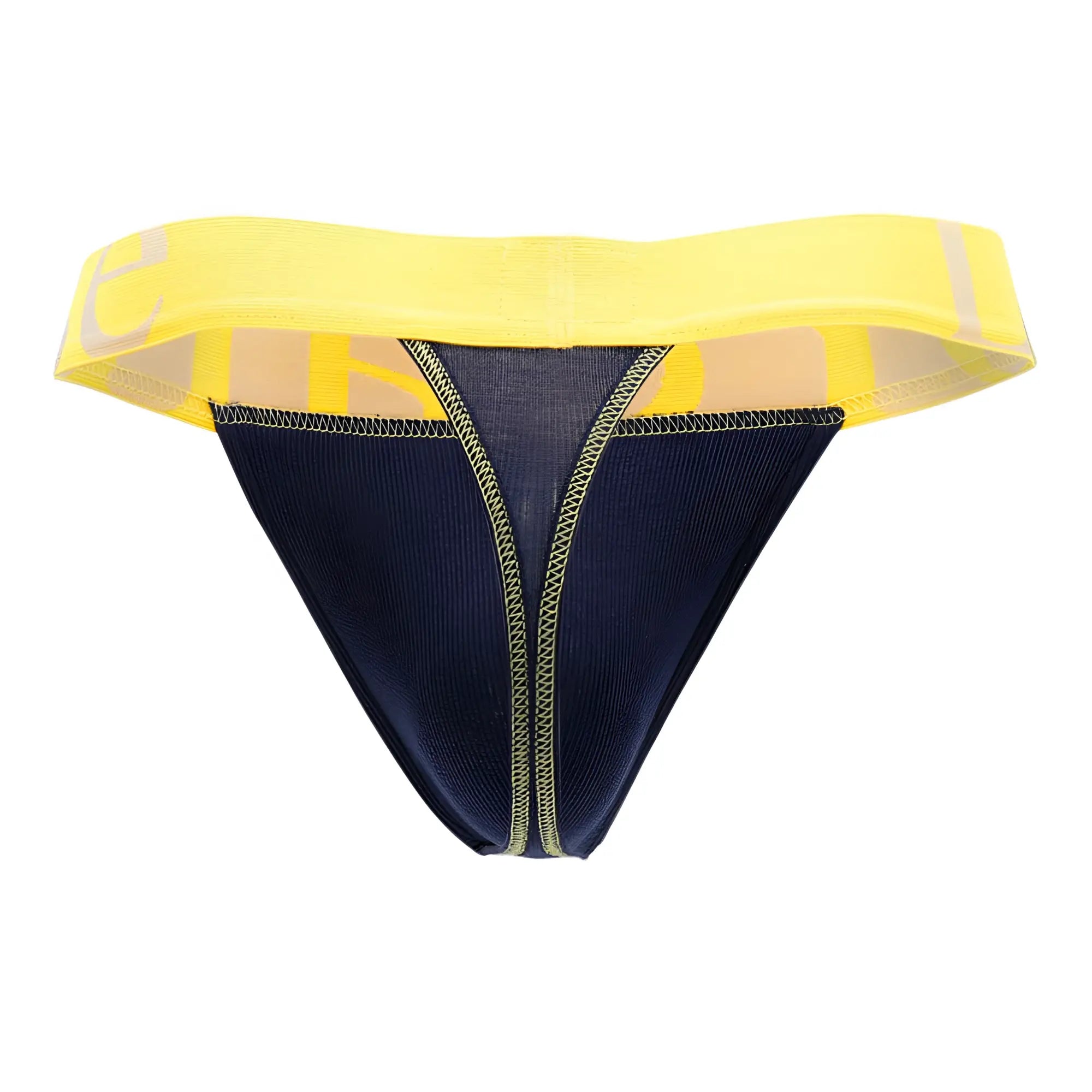 Navy blue and yellow doreanse 1379 micro modal athletic thong with wide elastic waistband and gray logo lettering