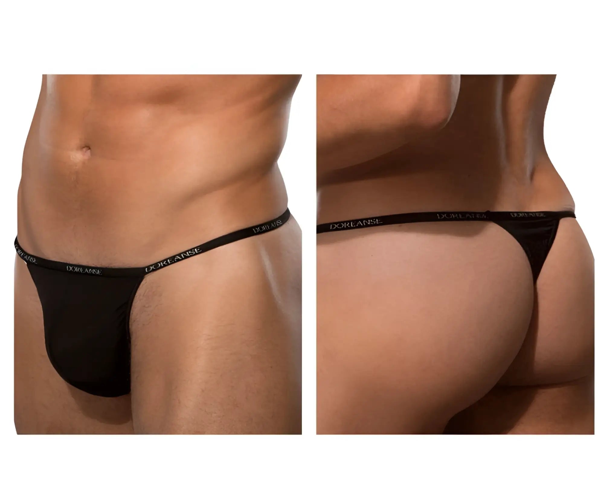 Black Doreanse 1390-BLK Aire thong with narrow waistband featuring white brand name lettering on the front side