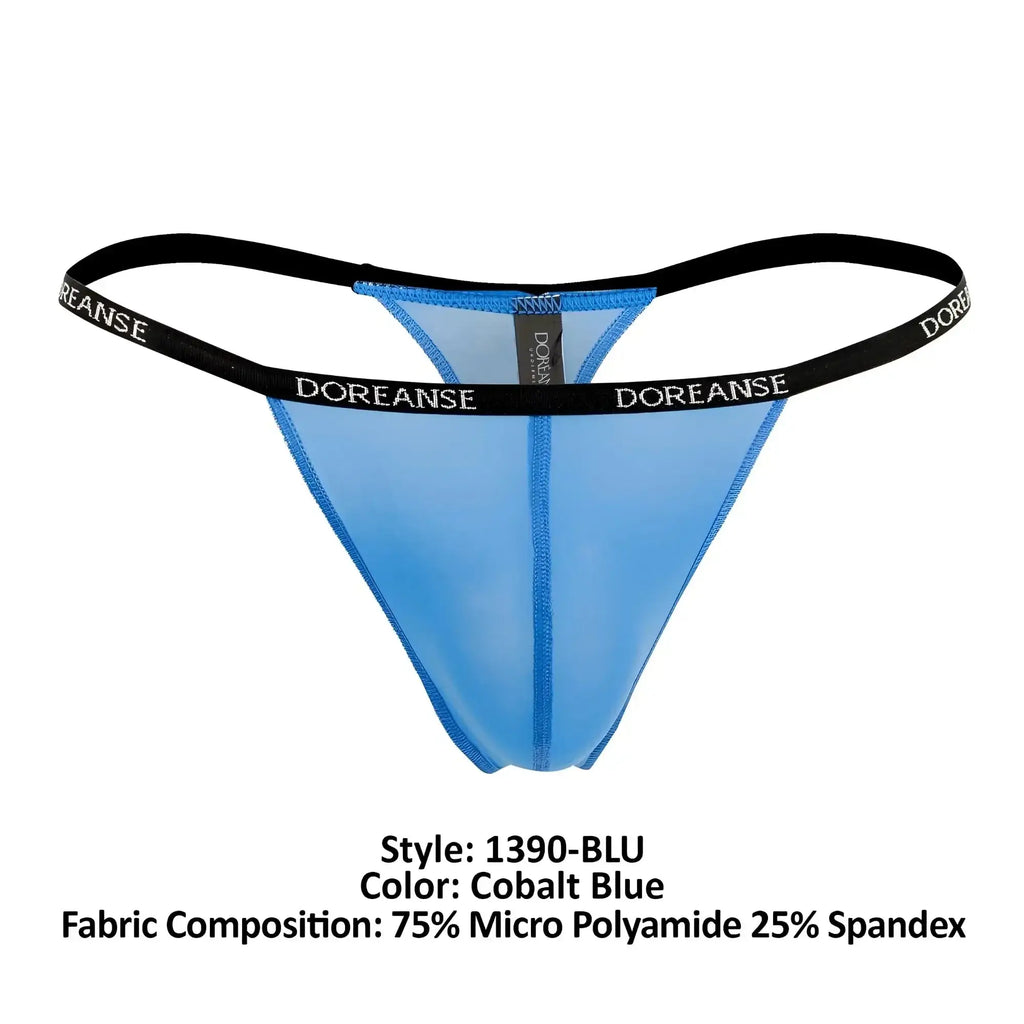 Cobalt blue doreanse 1390-BLU aire thong with black elastic waistband and white brand name lettering